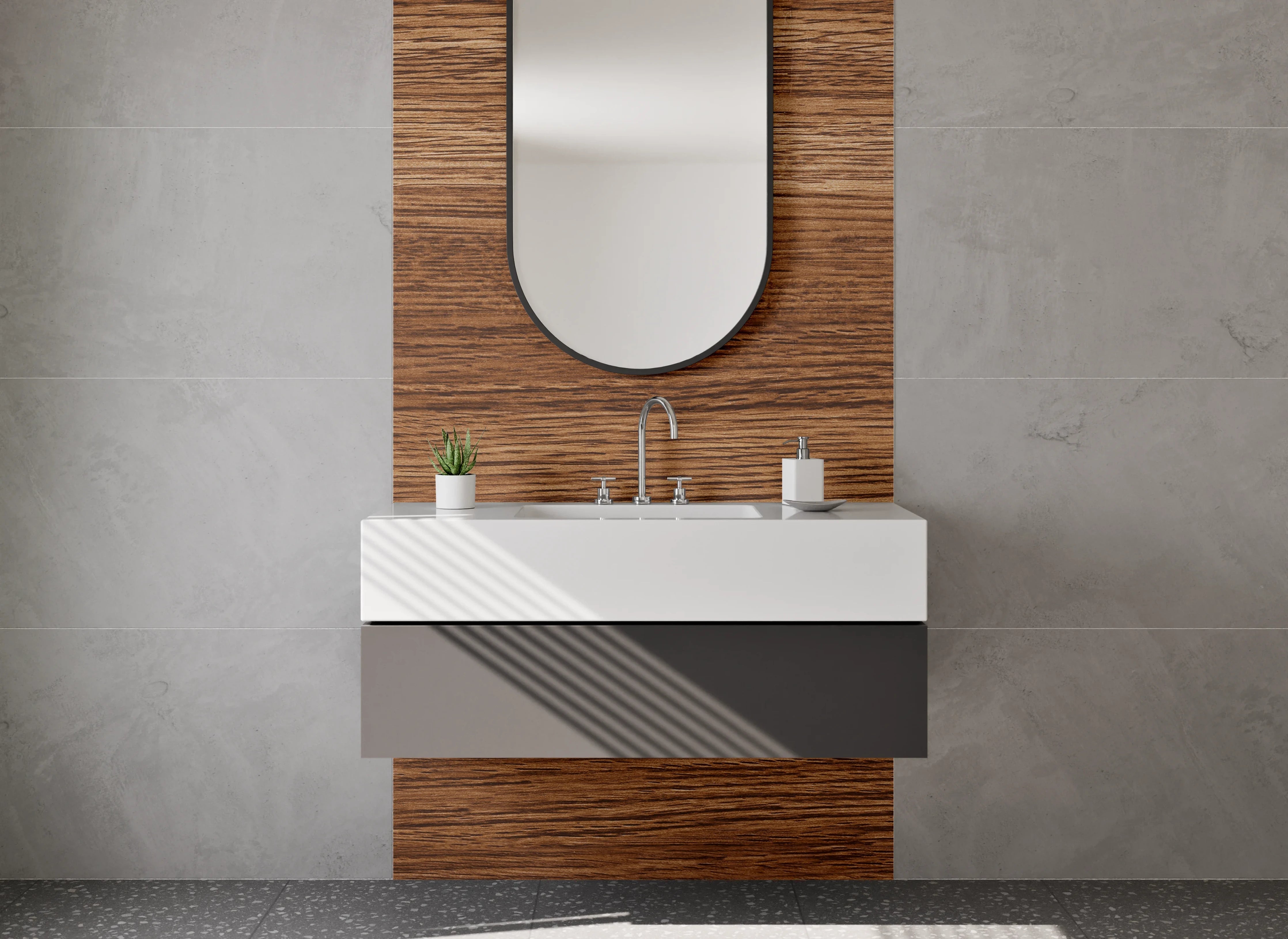 Waschbecken-Rückwand - Edle Holzmaserung in warmem Braun