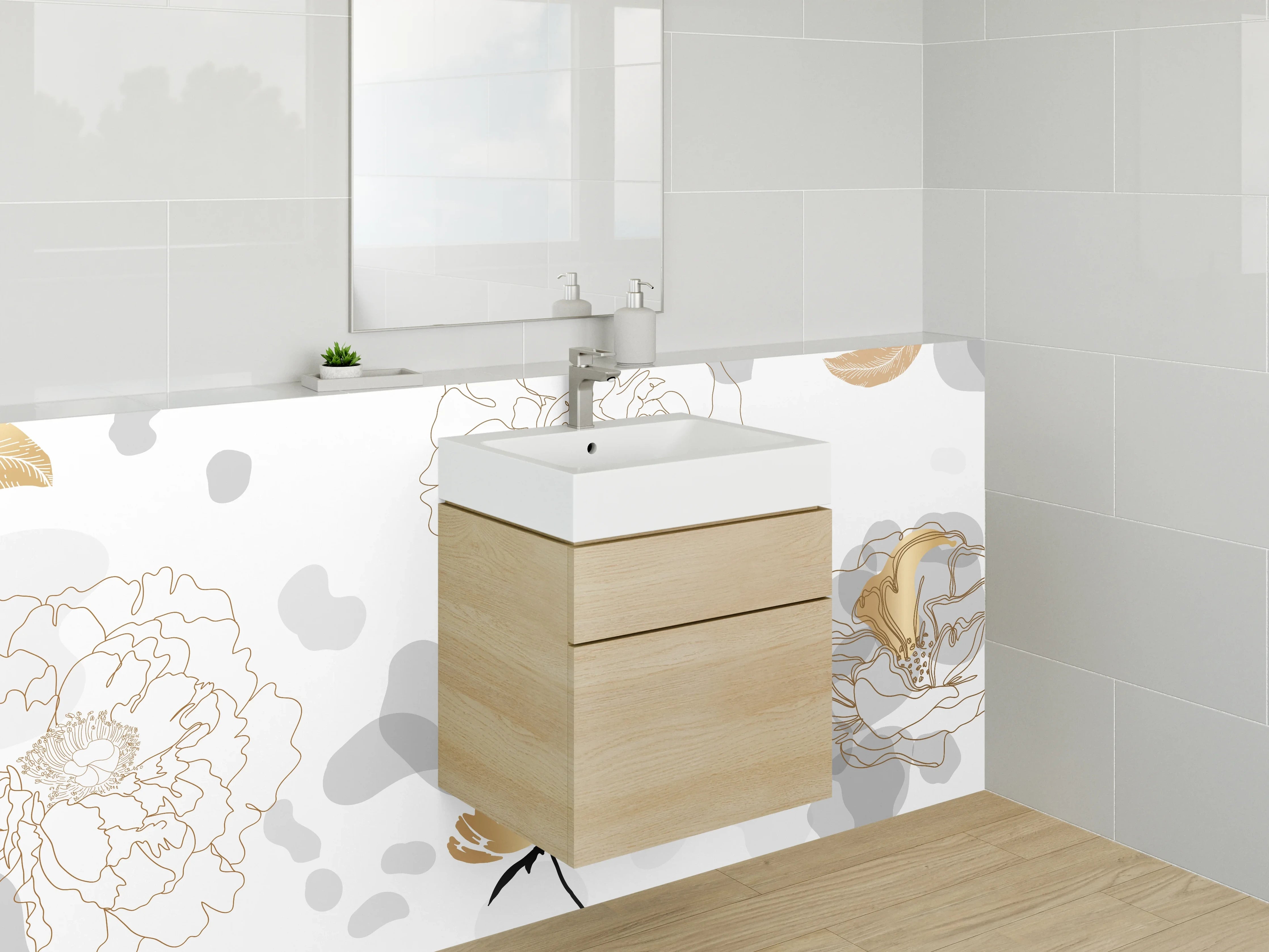 Waschbecken-Rückwand - Edle Line Art Blumen auf Weiß