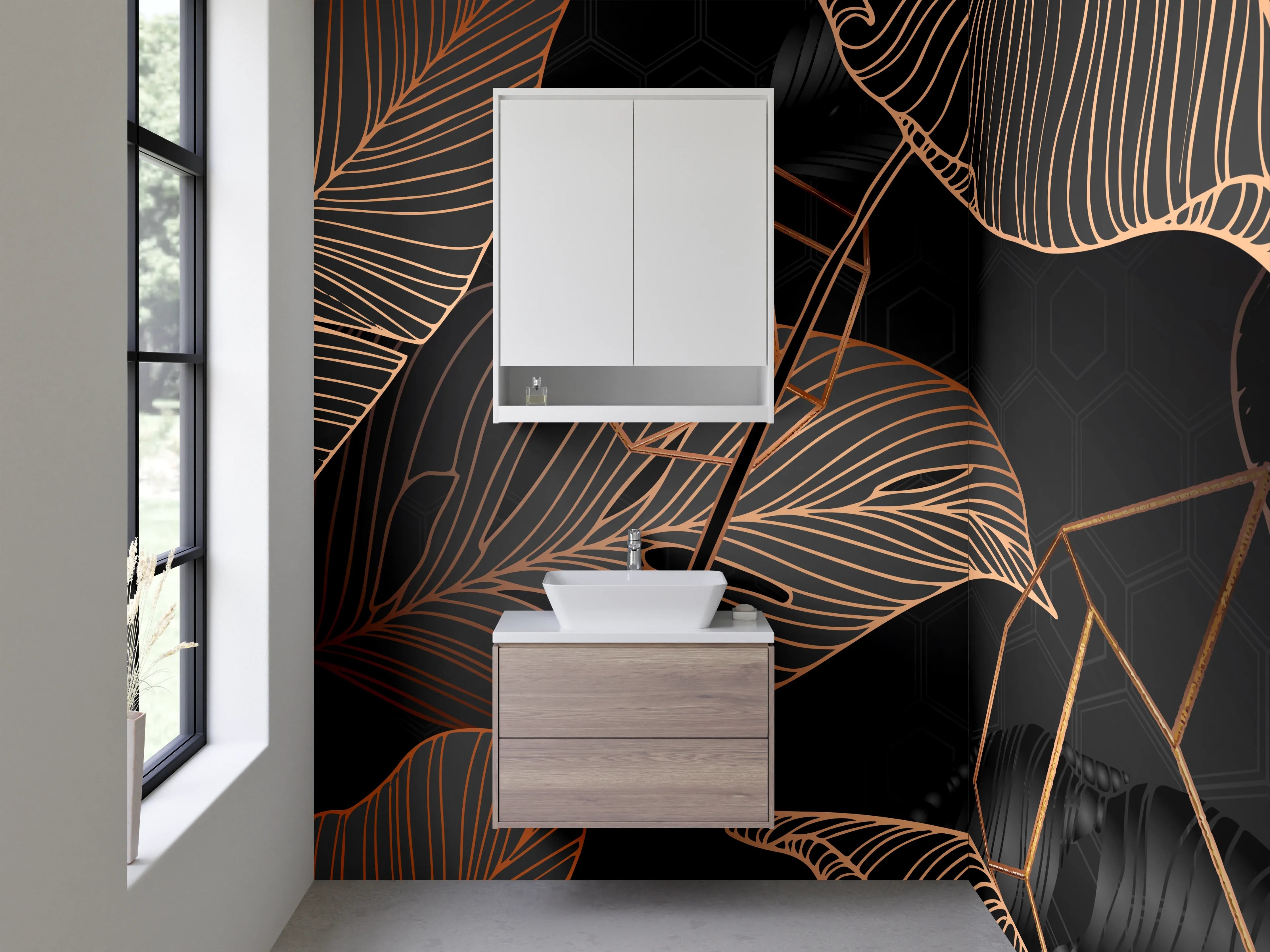 Waschbecken-Rückwand - Edle Lineart-Blätter Schwarz Gold