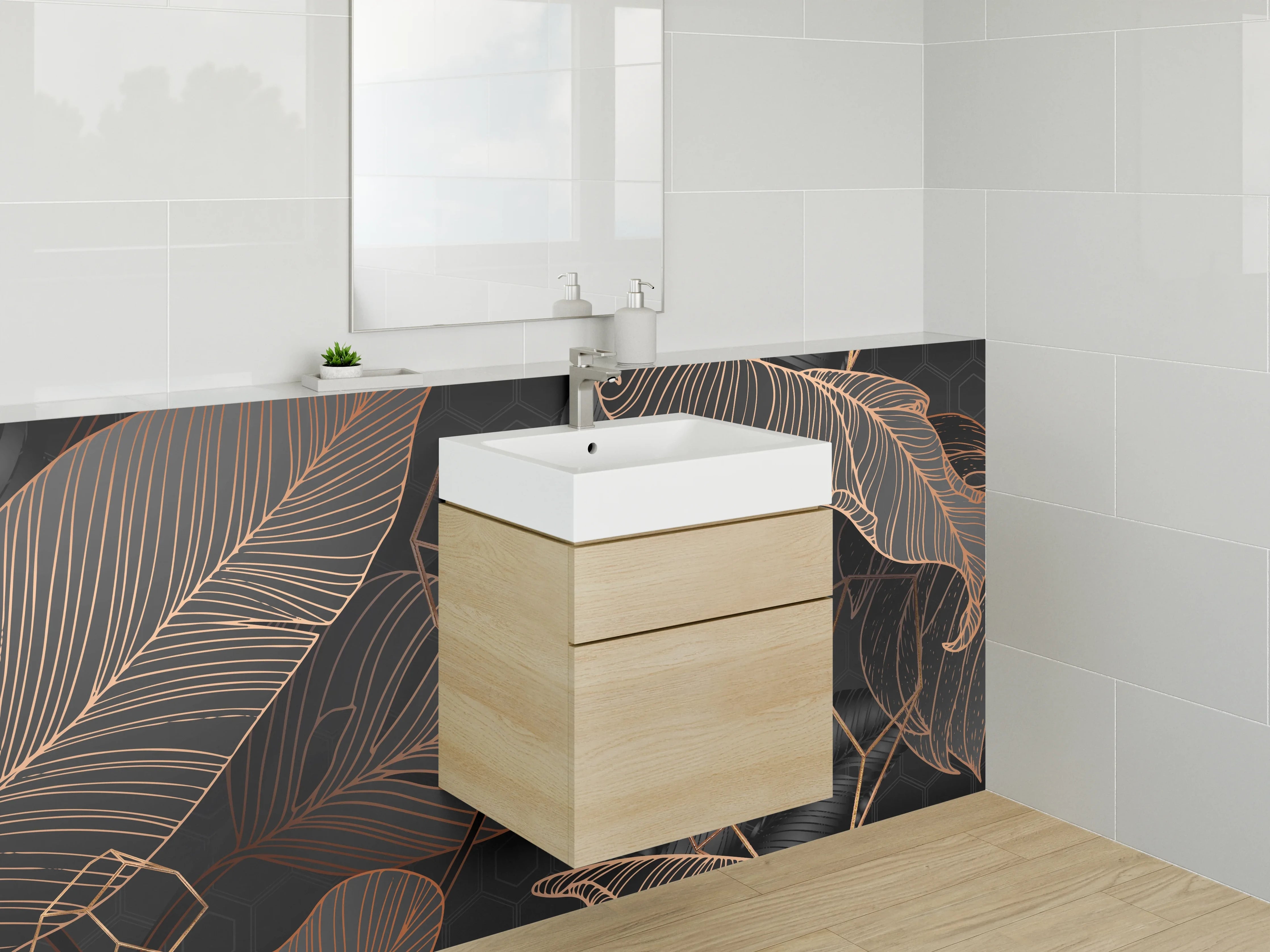 Waschbecken-Rückwand - Edle Lineart-Blätter Schwarz Gold