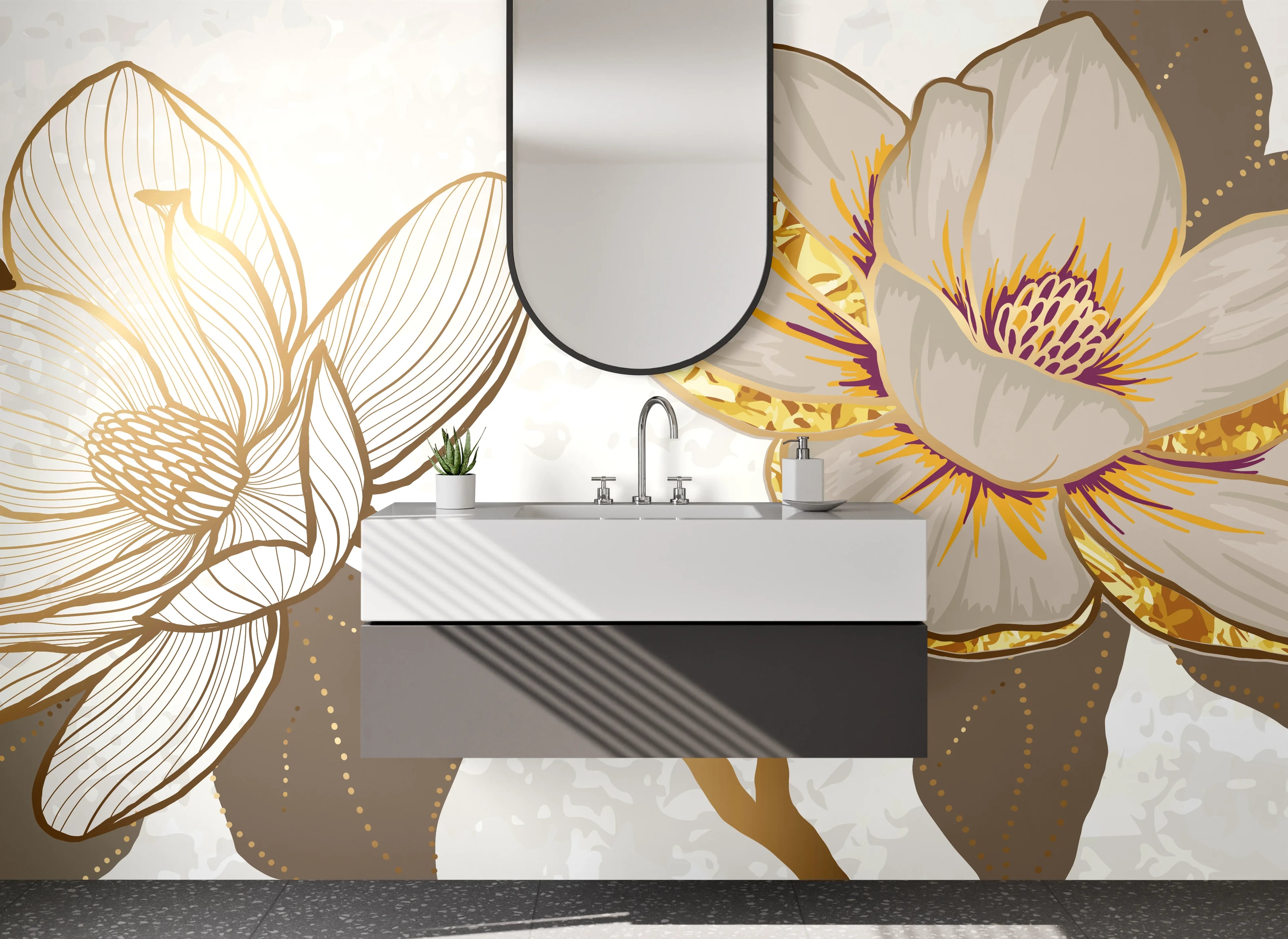 Waschbecken-Rückwand - Edle Magnolien Blüten auf Goldzweig