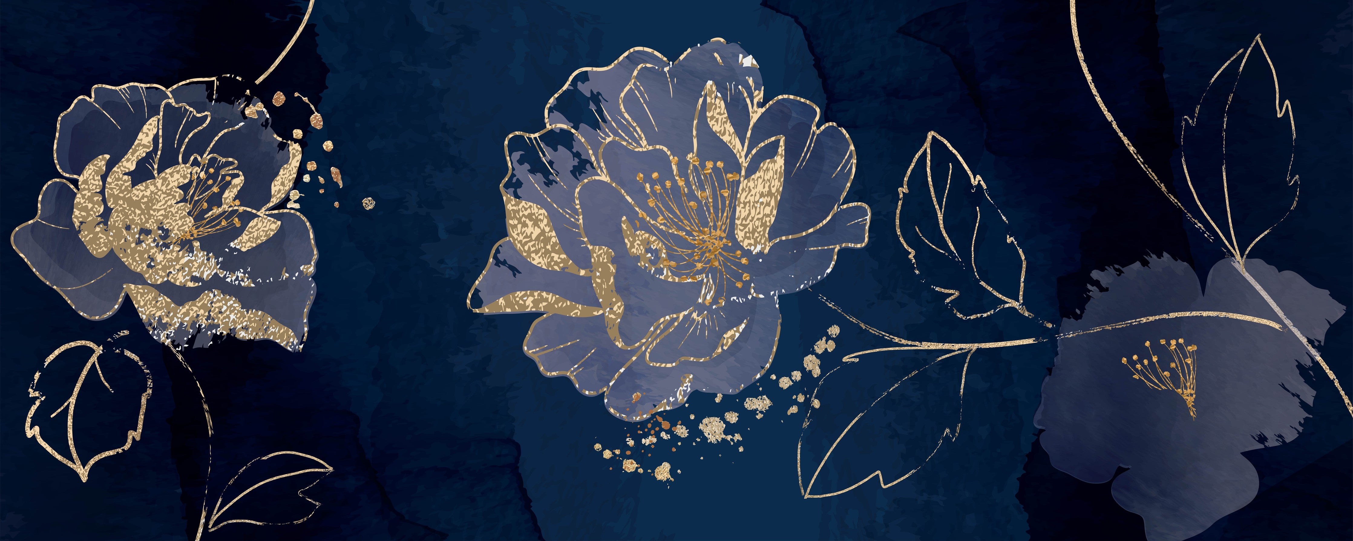 Waschbecken-Rückwand-Edle blaue Blumen mit Goldakzent
