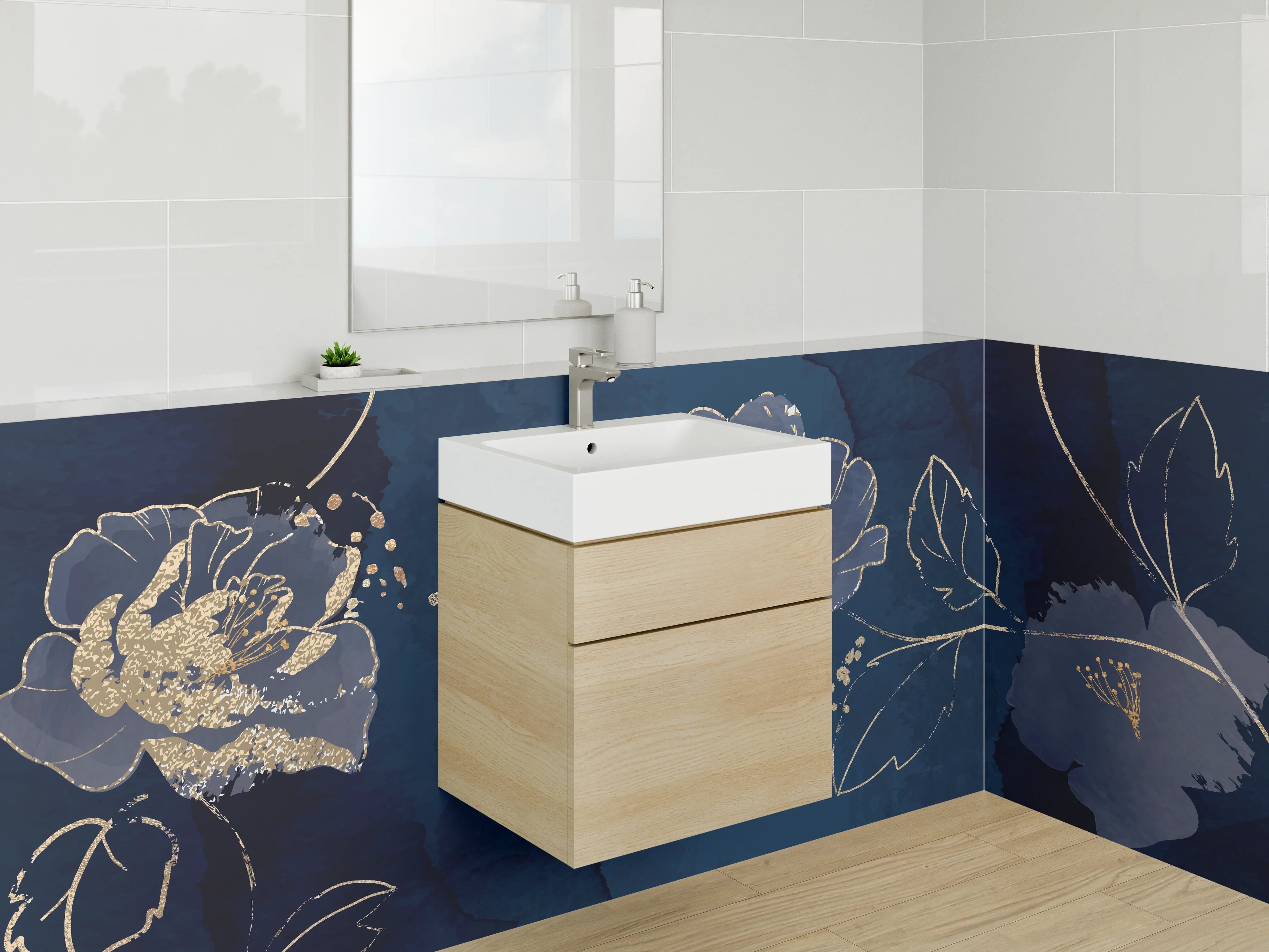 Waschbecken-Rückwand - Edle blaue Blumen mit Goldakzent