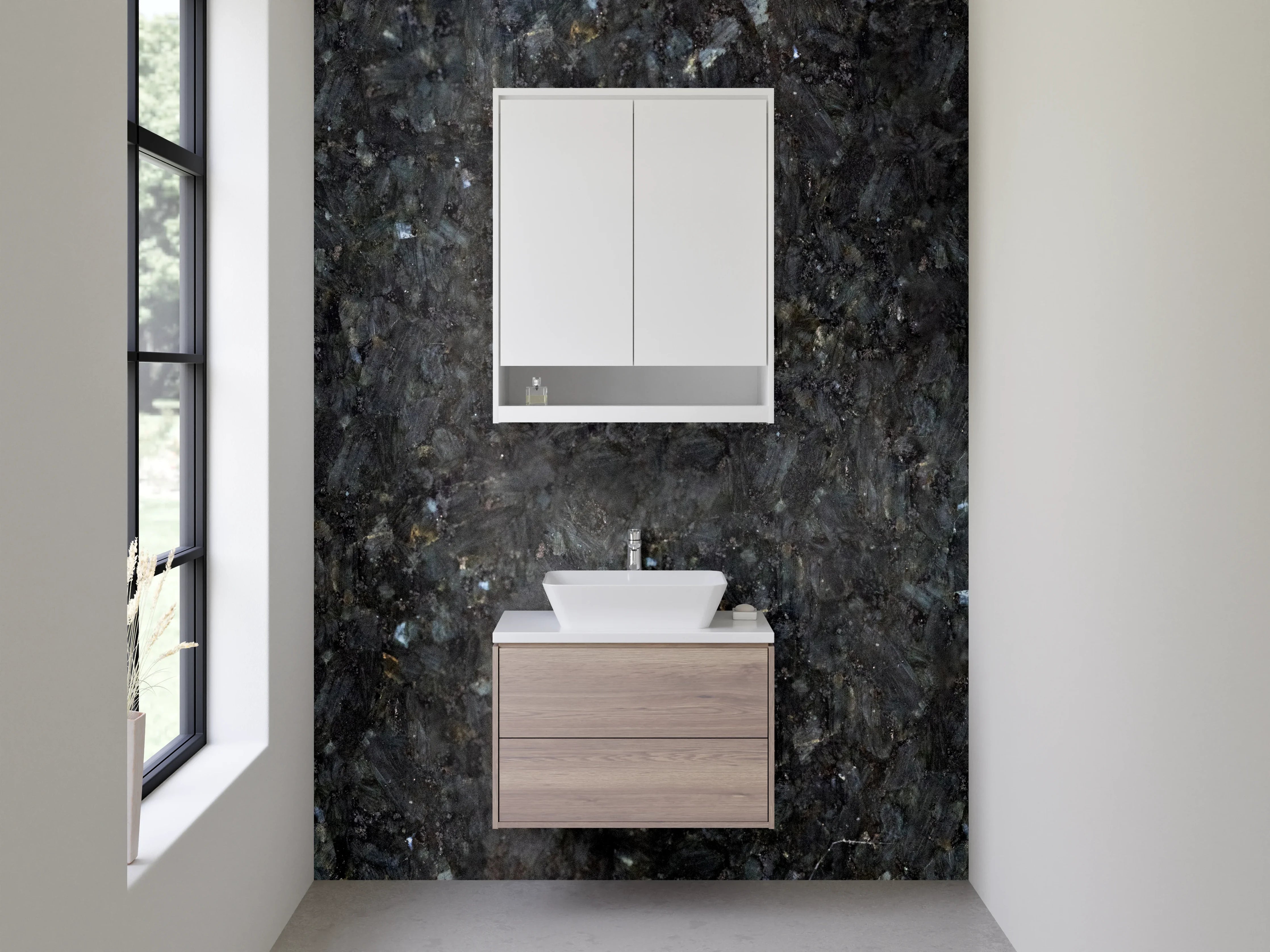 Waschbecken-Rückwand - Edler Granit mit dunkler Struktur