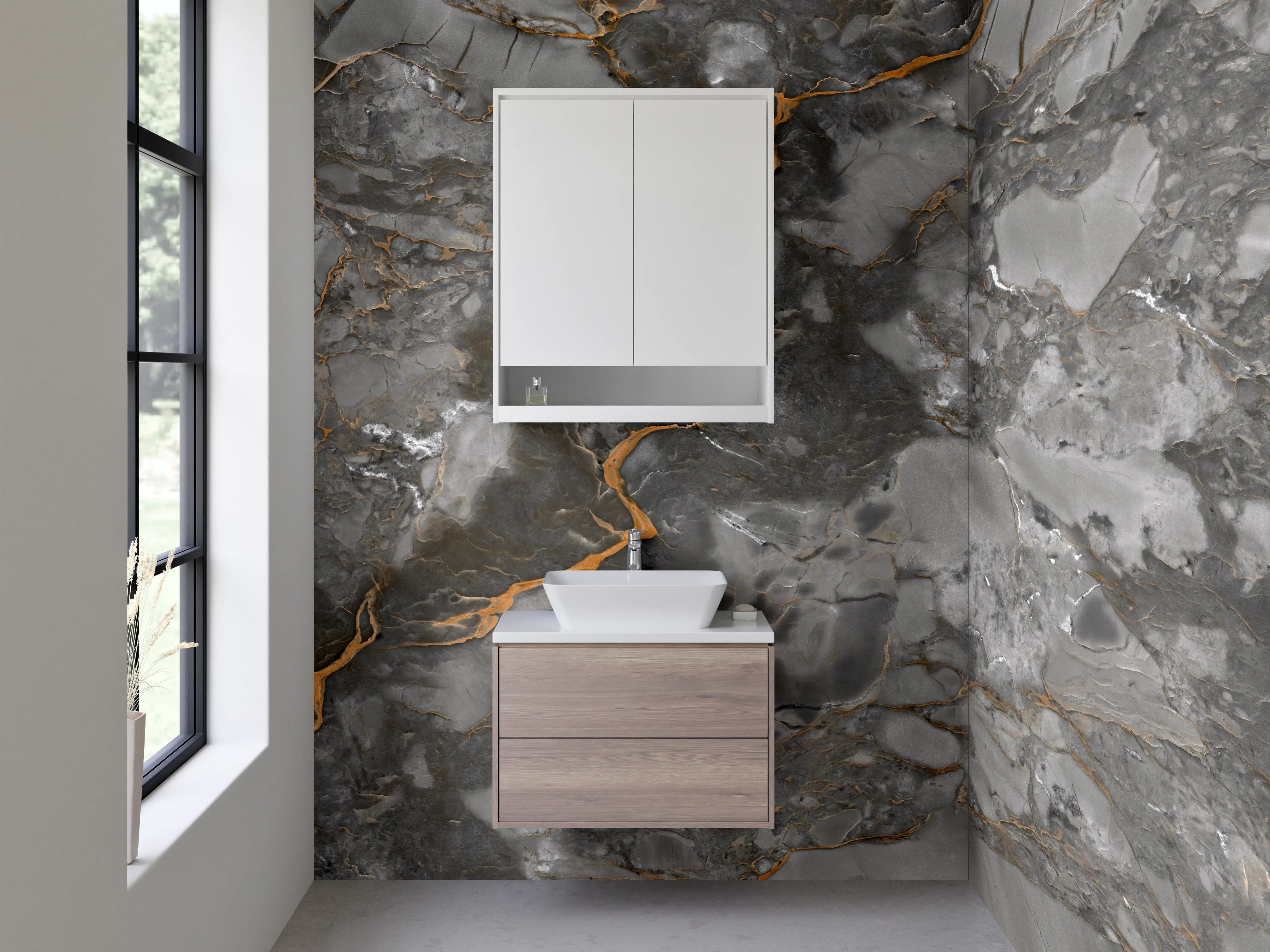 Waschbecken-Rückwand - Edler Marmor-Look Grau Orange Waschrückwand