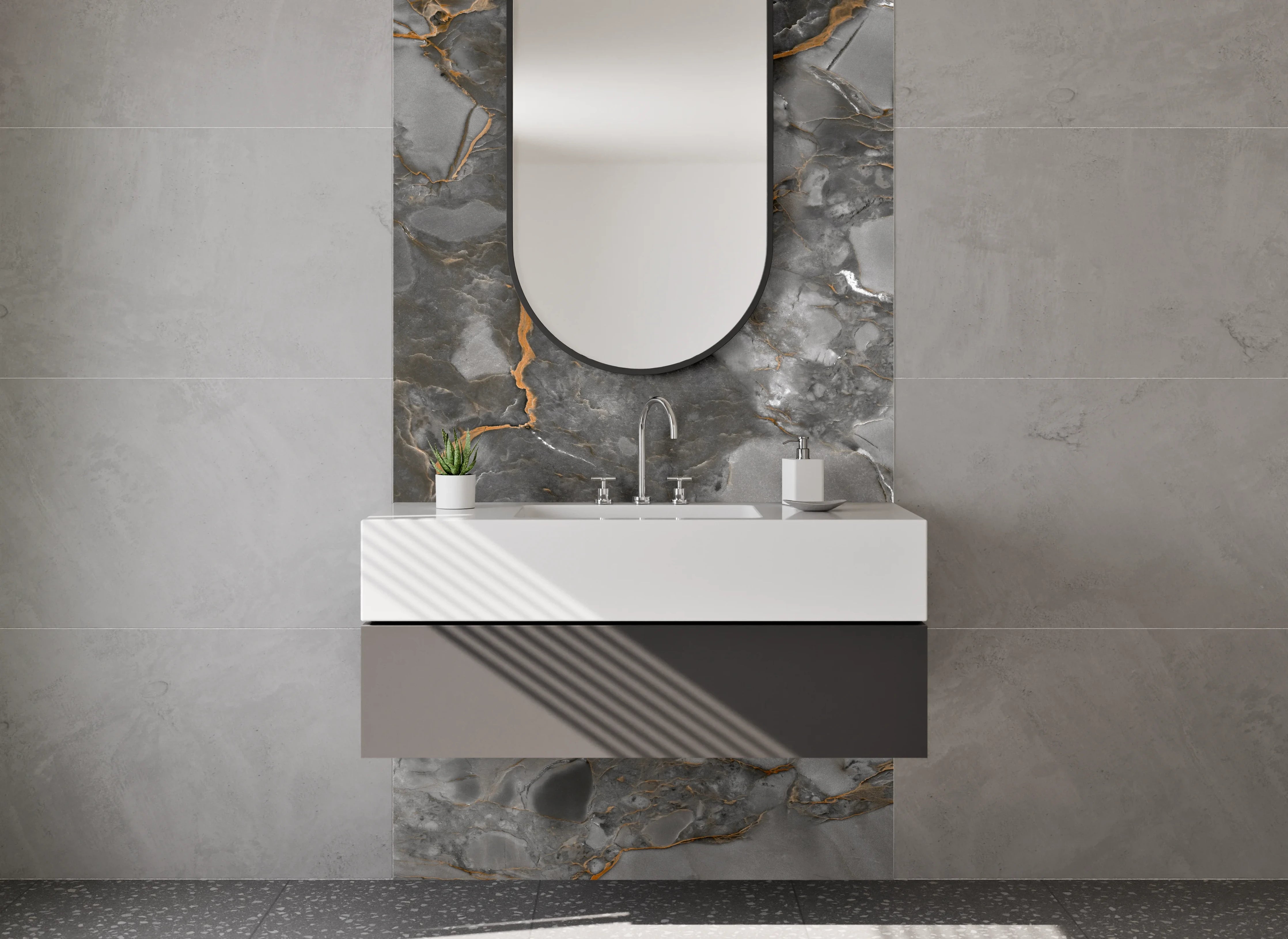 Waschbecken-Rückwand - Edler Marmor-Look Grau Orange Waschrückwand