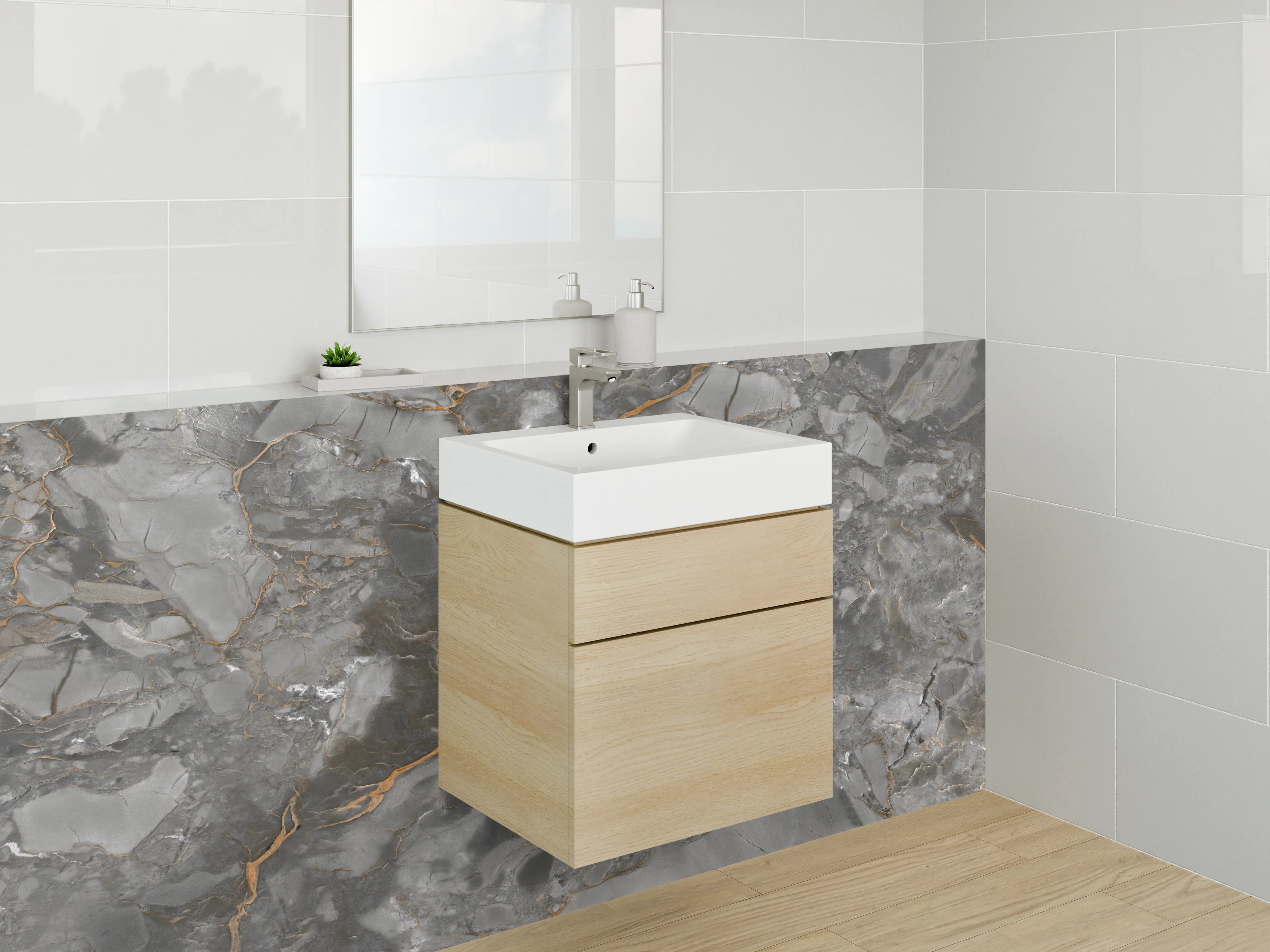 Waschbecken-Rückwand - Edler Marmor-Look Grau Orange Waschrückwand