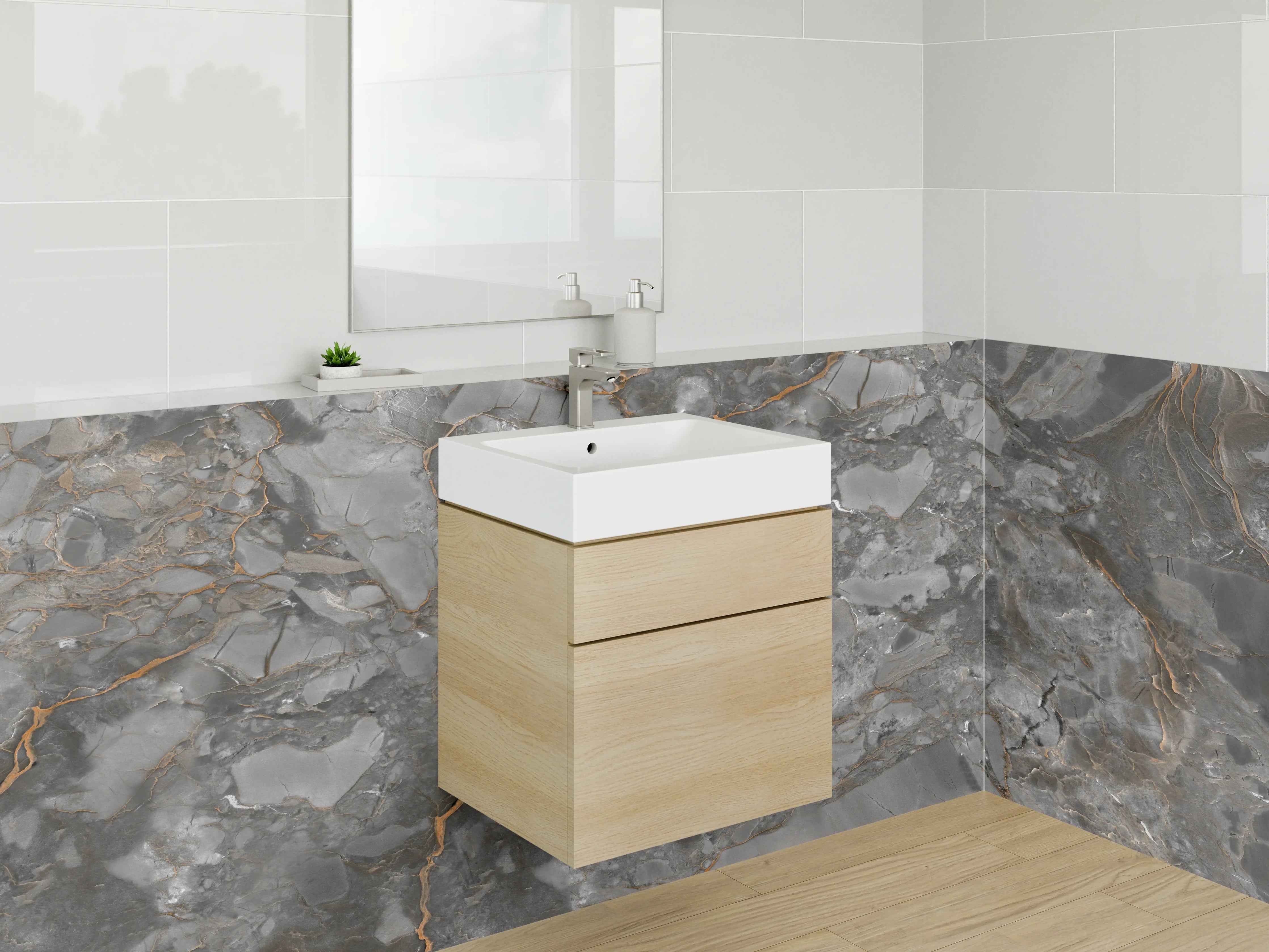 Waschbecken-Rückwand - Edler Marmor-Look Grau Orange Waschrückwand