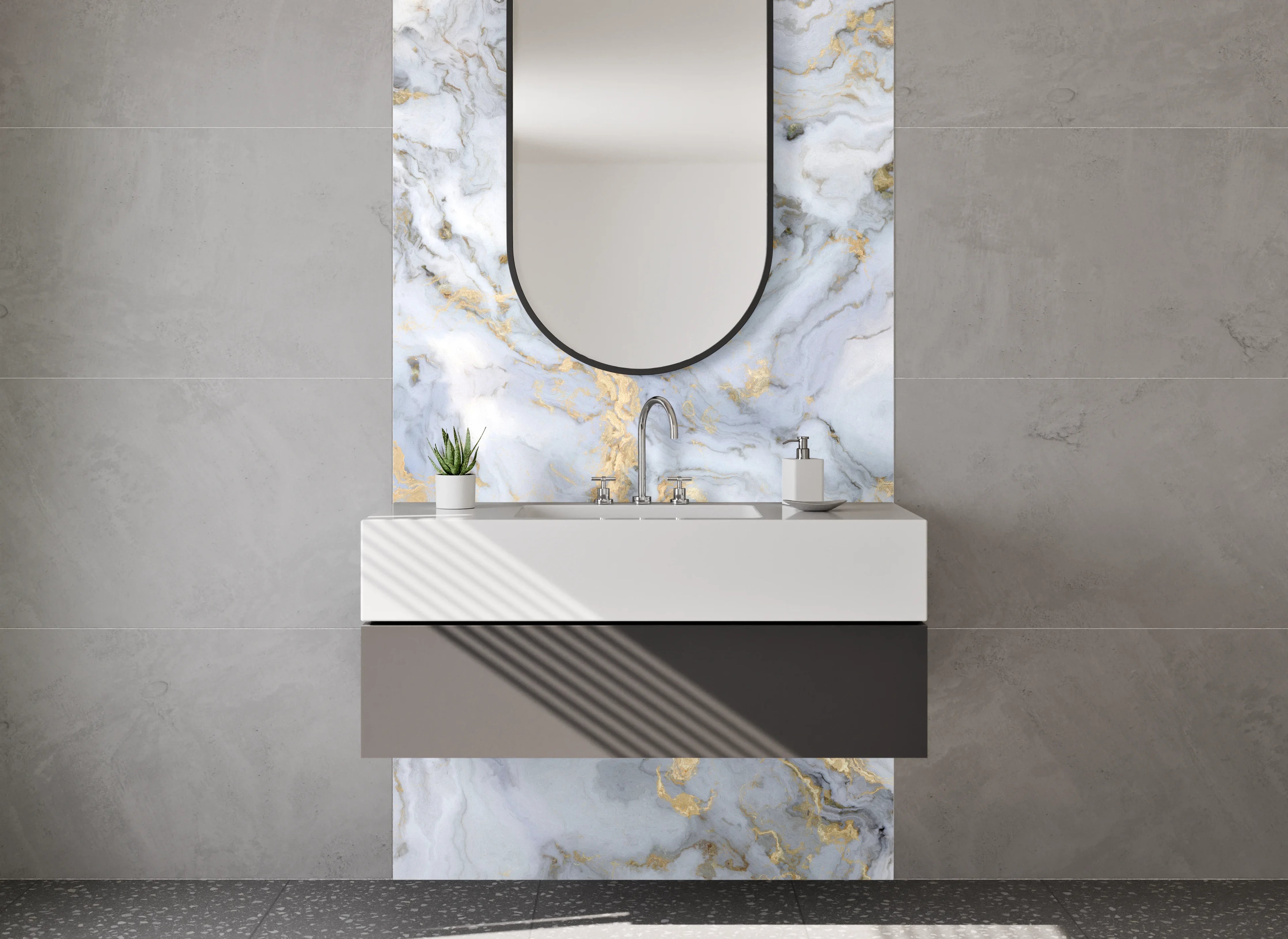 Waschbecken-Rückwand - Edler Marmor-Look Weiß Grau Gold