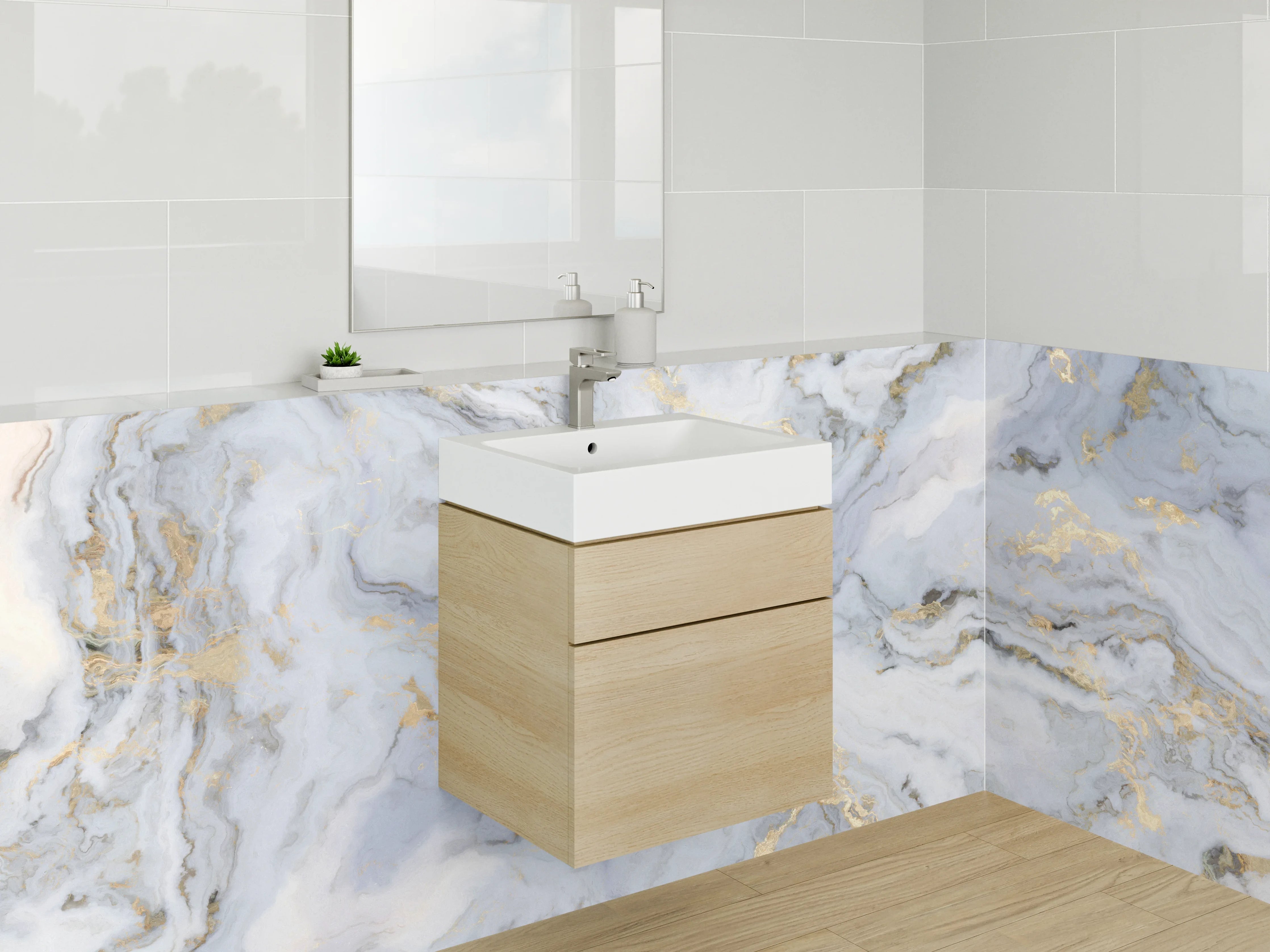 Waschbecken-Rückwand - Edler Marmor-Look Weiß Grau Gold