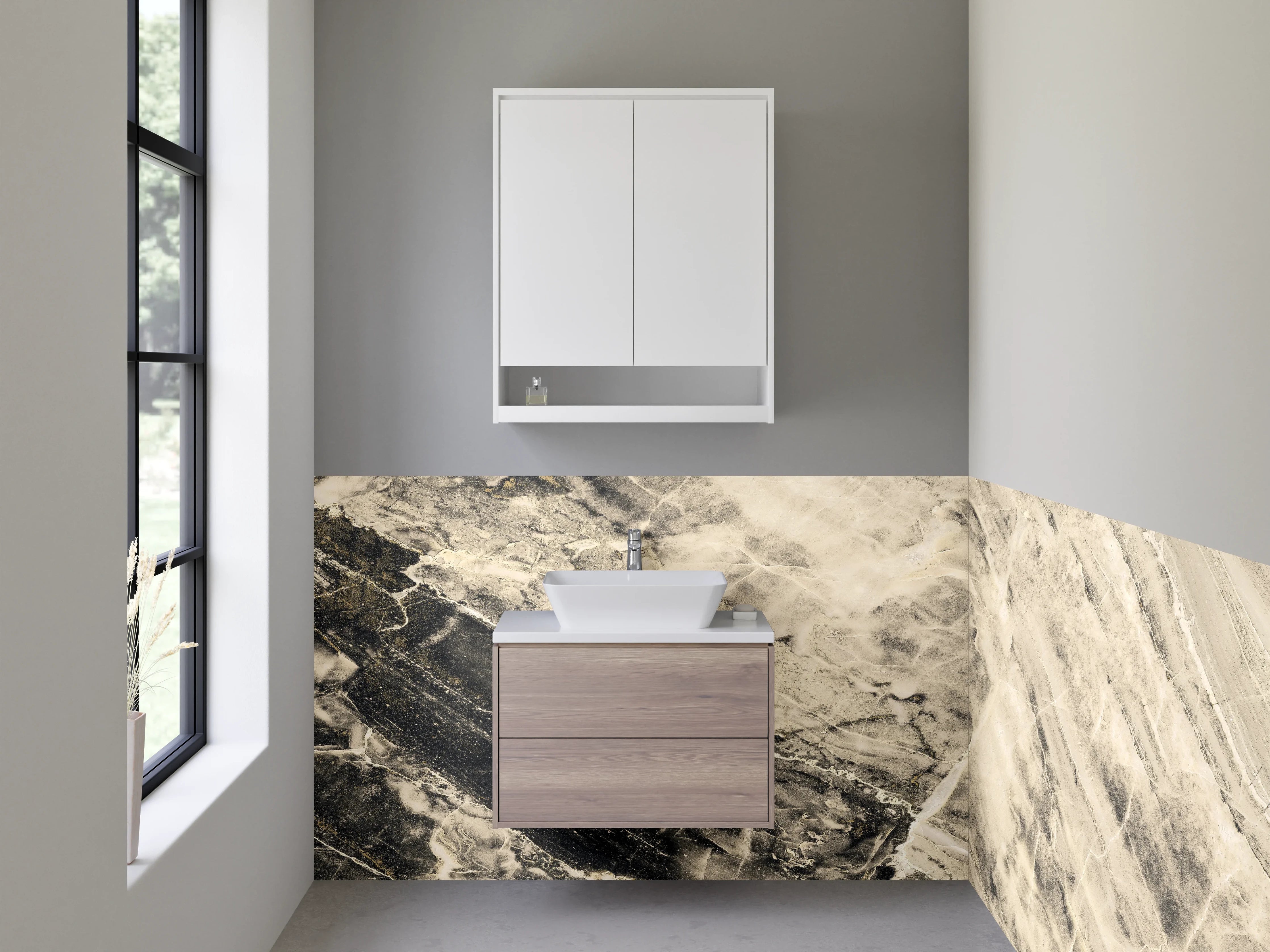Waschbecken-Rückwand - Edler Marmor in Weiß und Beige