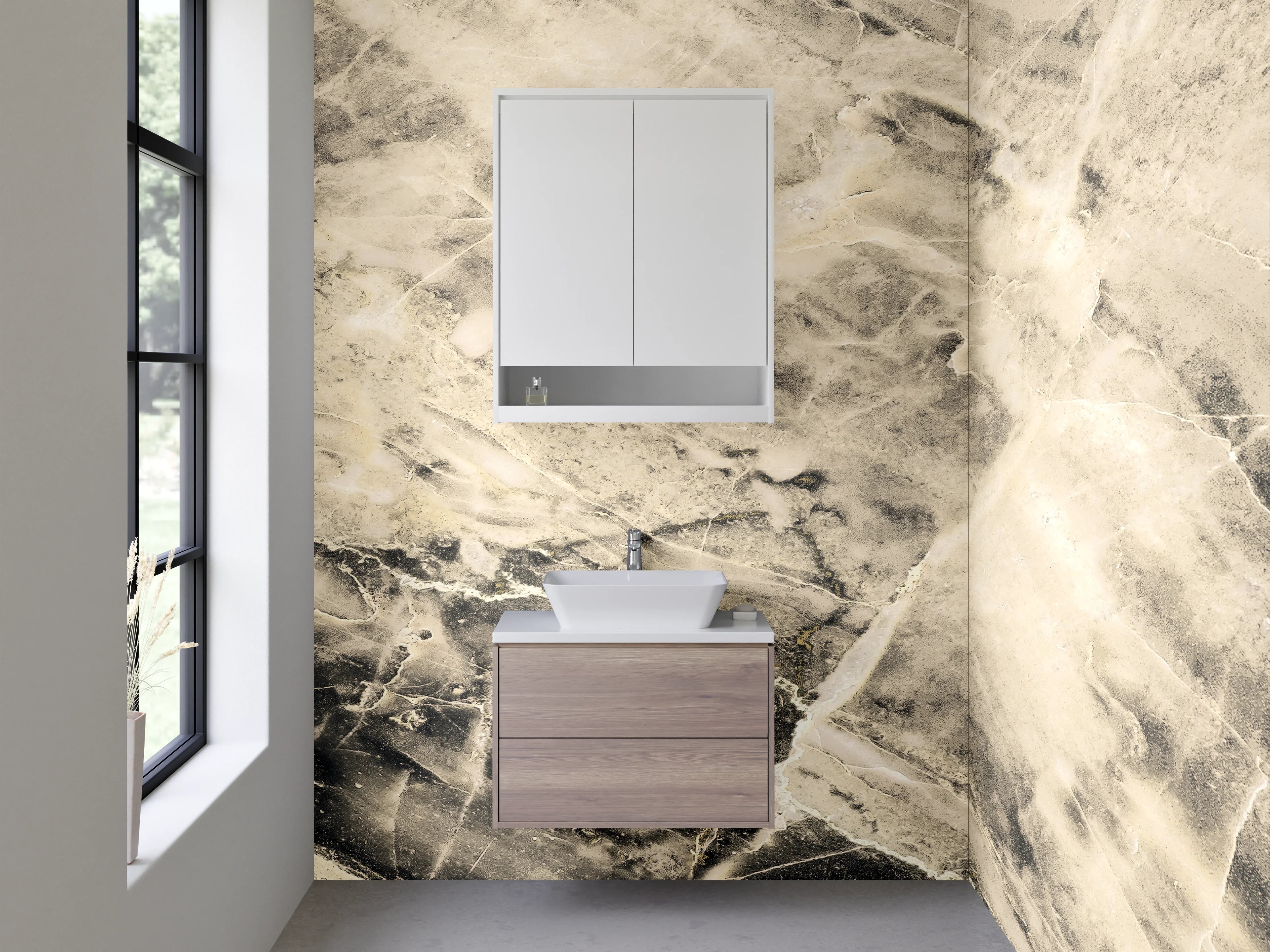 Waschbecken-Rückwand - Edler Marmor in Weiß und Beige