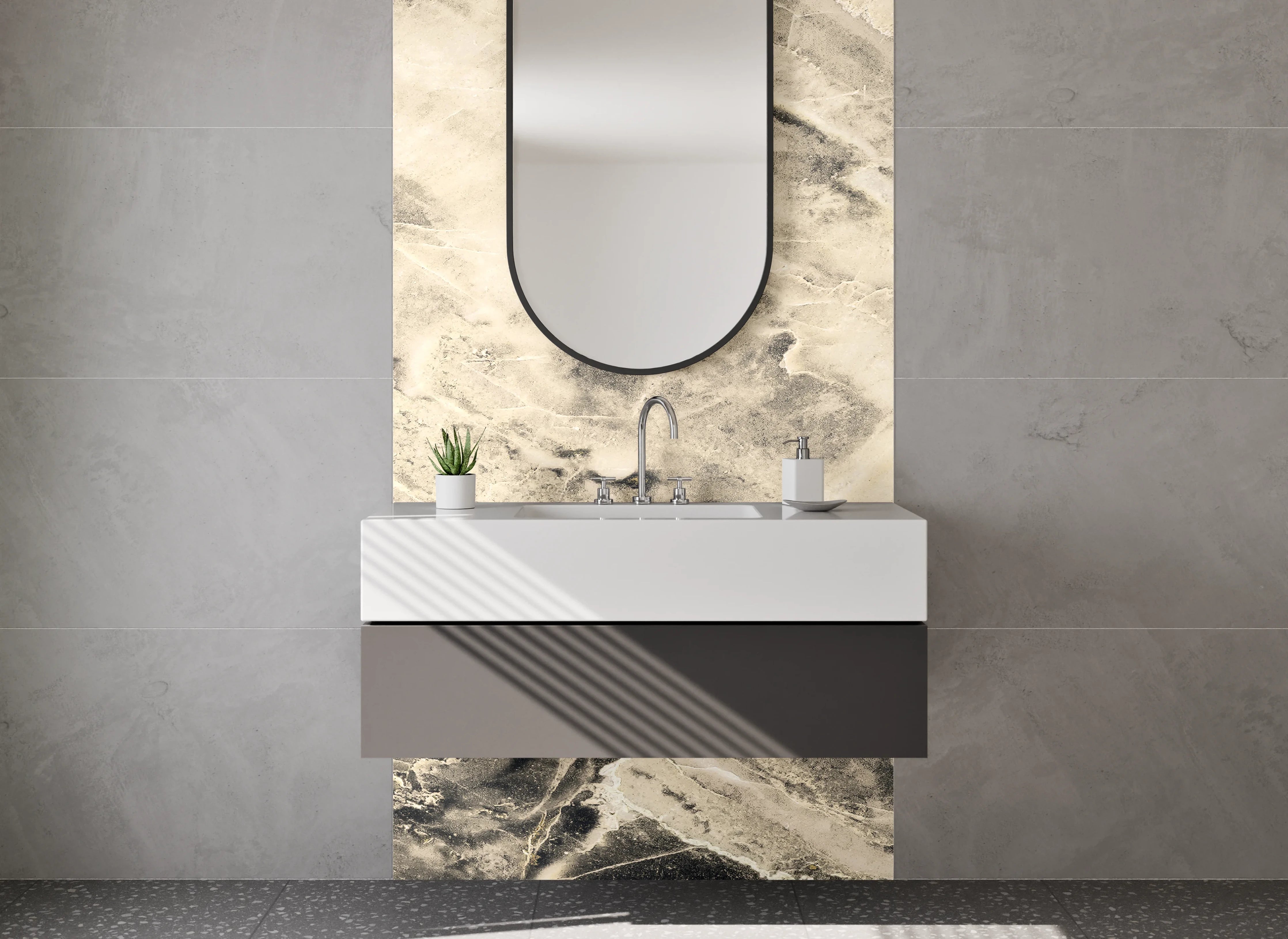 Waschbecken-Rückwand - Edler Marmor in Weiß und Beige