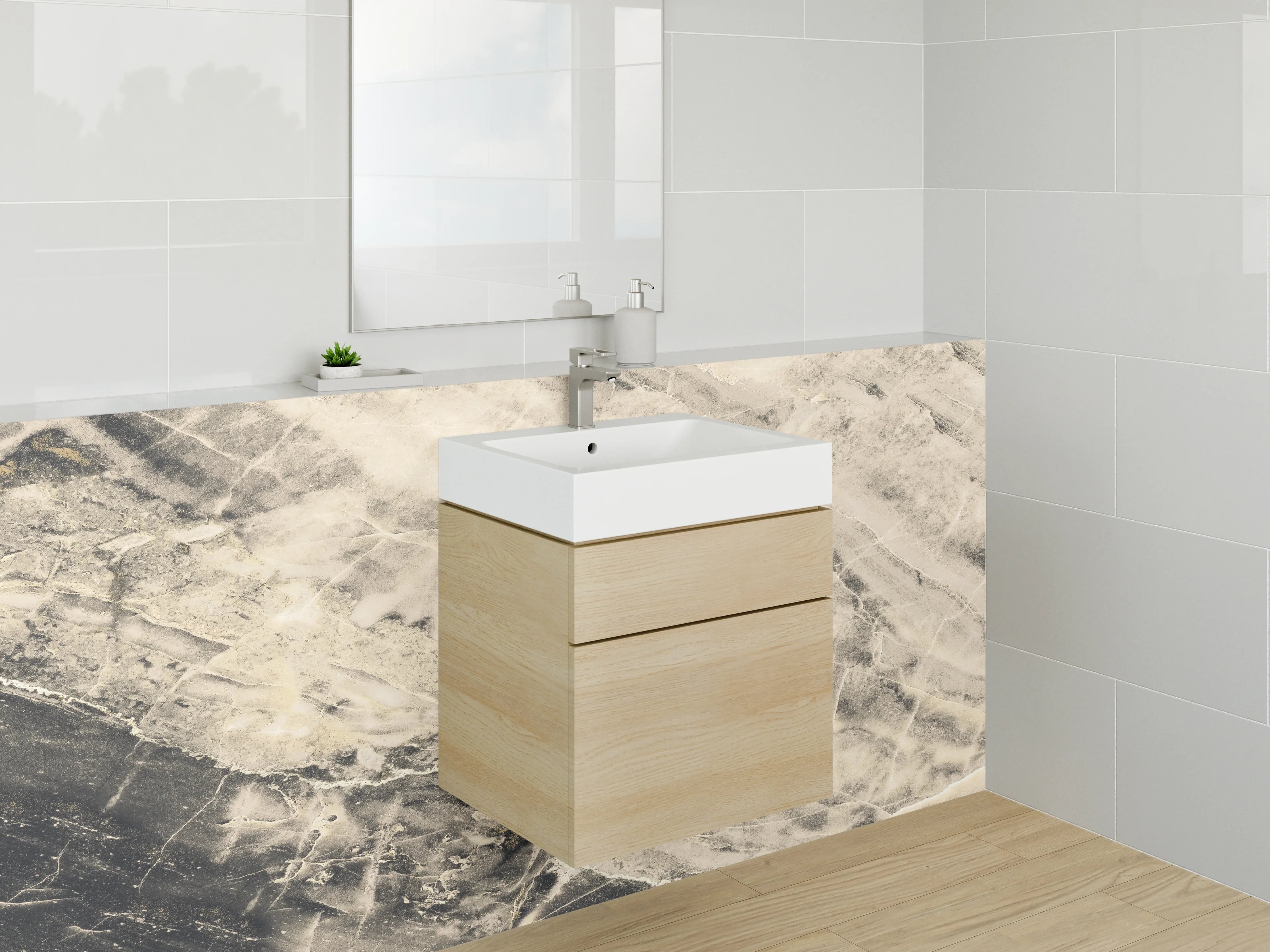 Waschbecken-Rückwand - Edler Marmor in Weiß und Beige