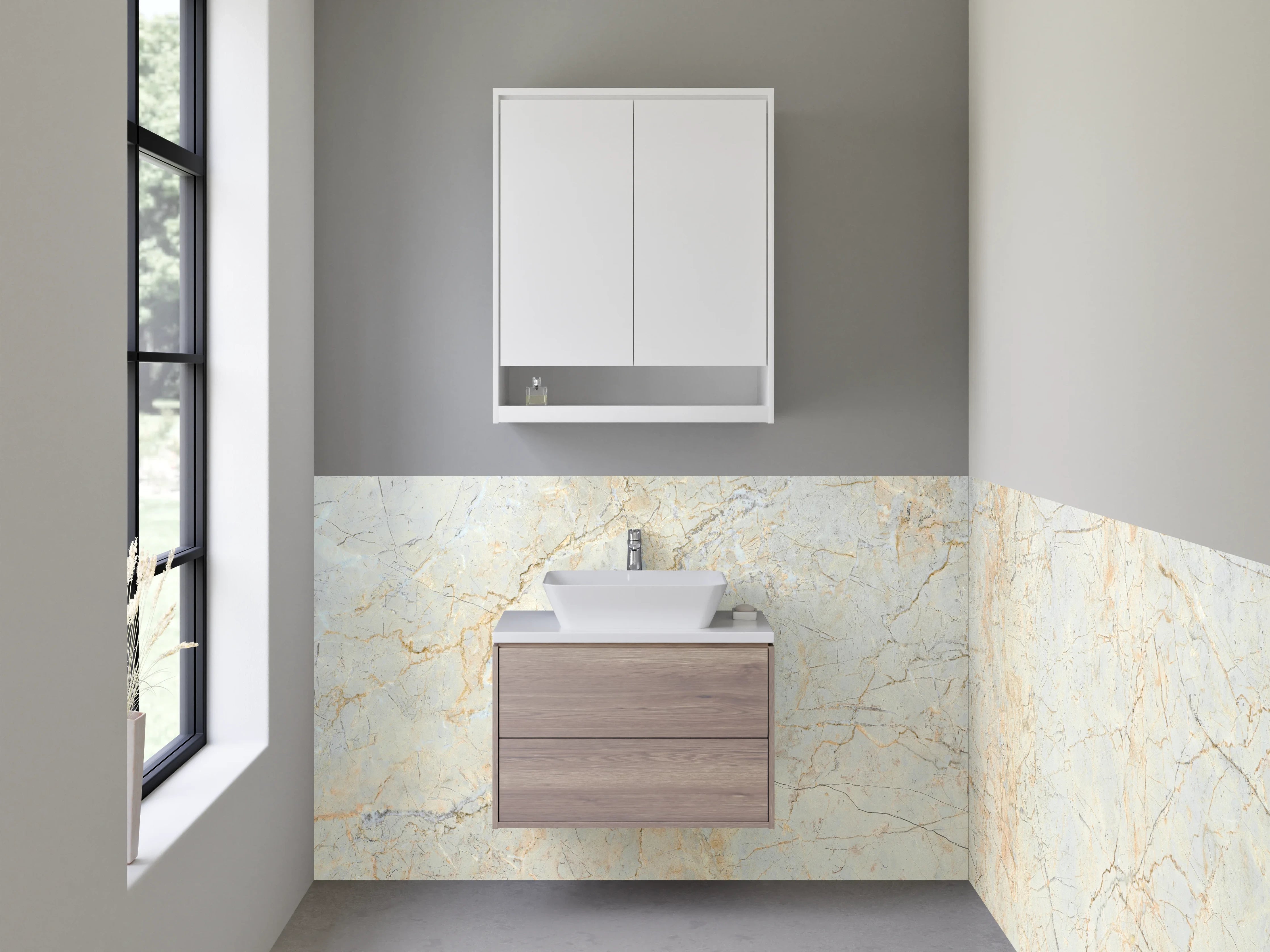 Waschbecken-Rückwand - Edler Marmorlook in Weiß und Beige
