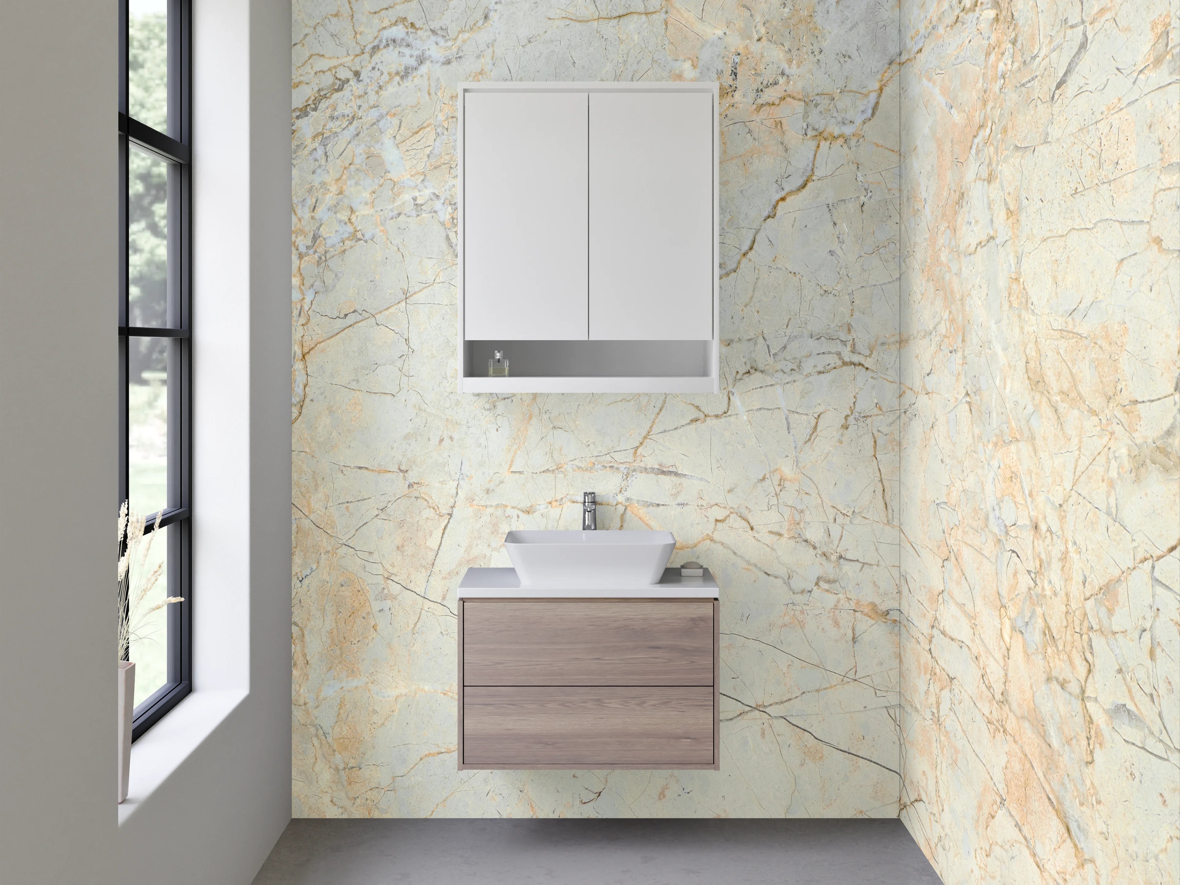 Waschbecken-Rückwand - Edler Marmorlook in Weiß und Beige