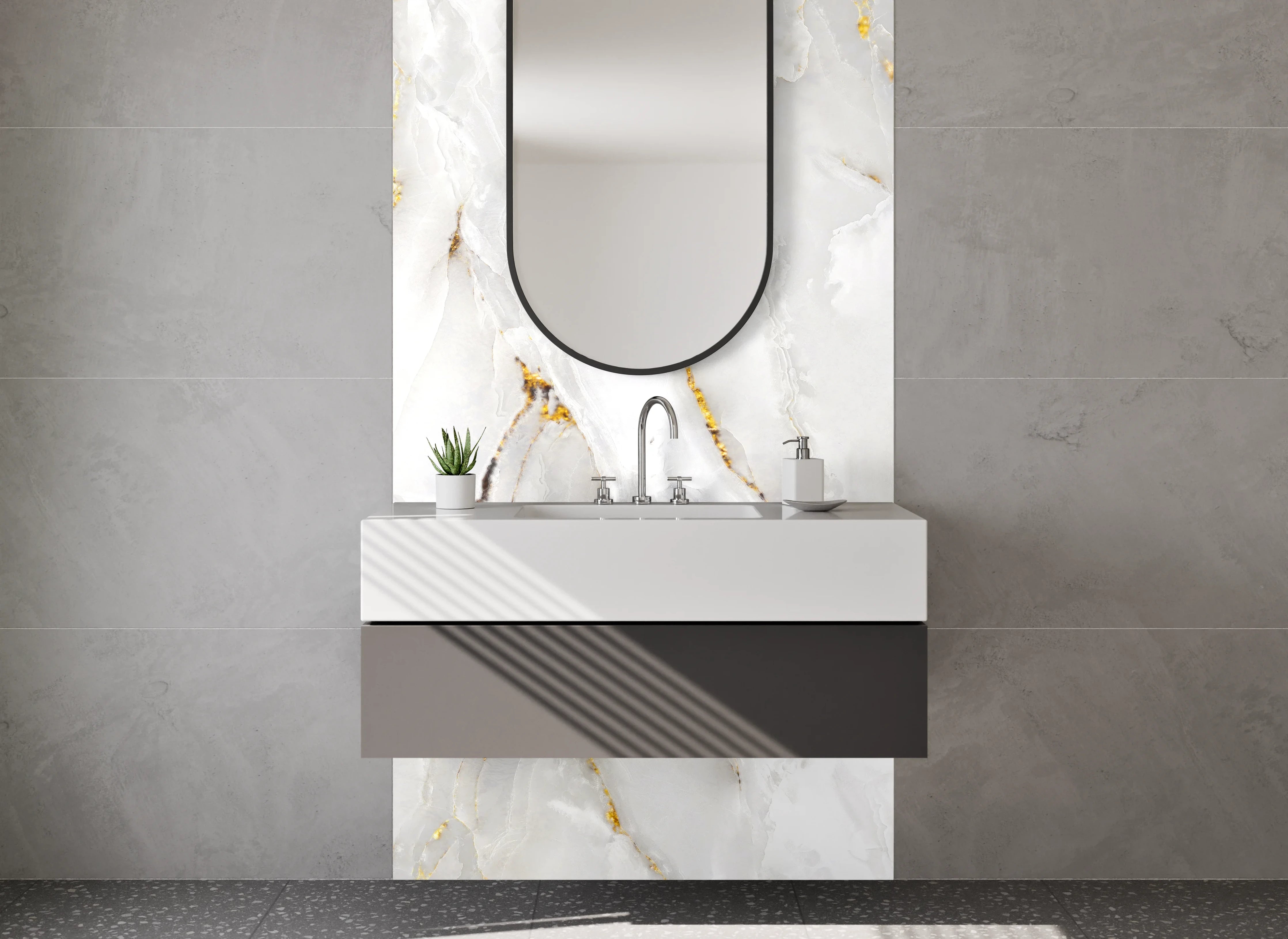 Waschbecken-Rückwand - Edler Weiß-Grau-Gold Marmor Look