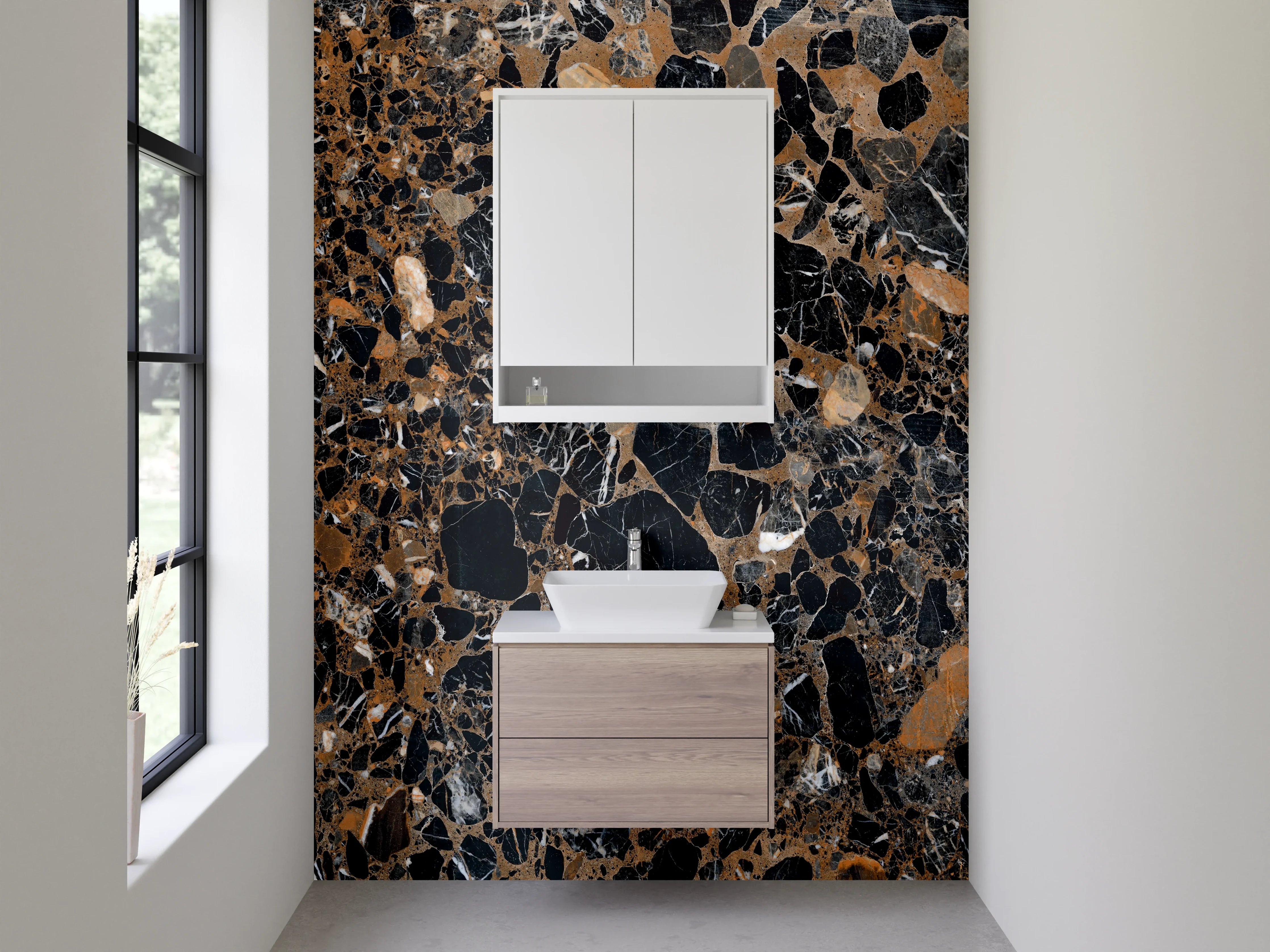 Waschbecken-Rückwand - Edler schwarzer Marmor mit braunen Adern