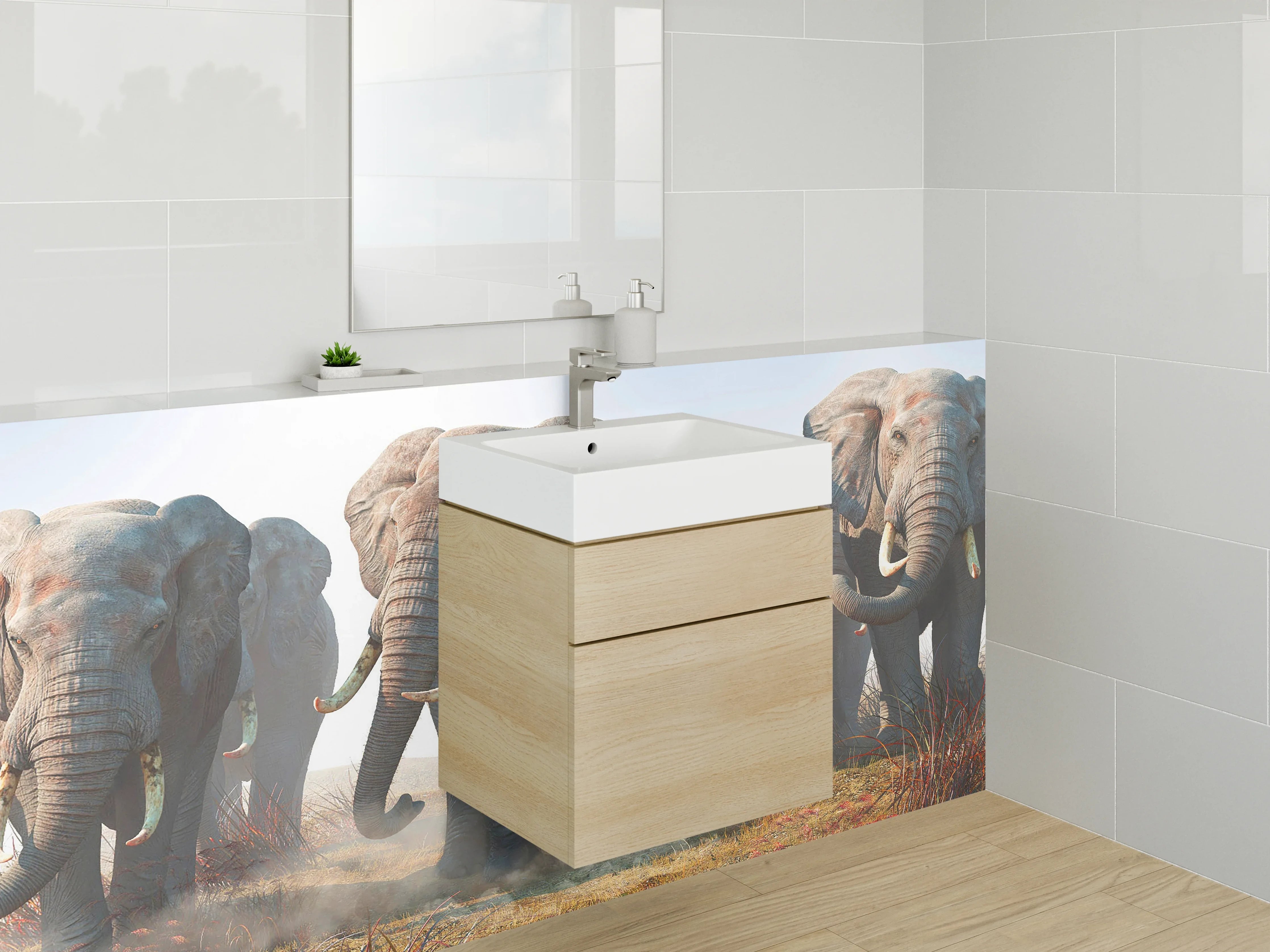 Waschbecken-Rückwand - Elefanten-Herde in freier Wildbahn