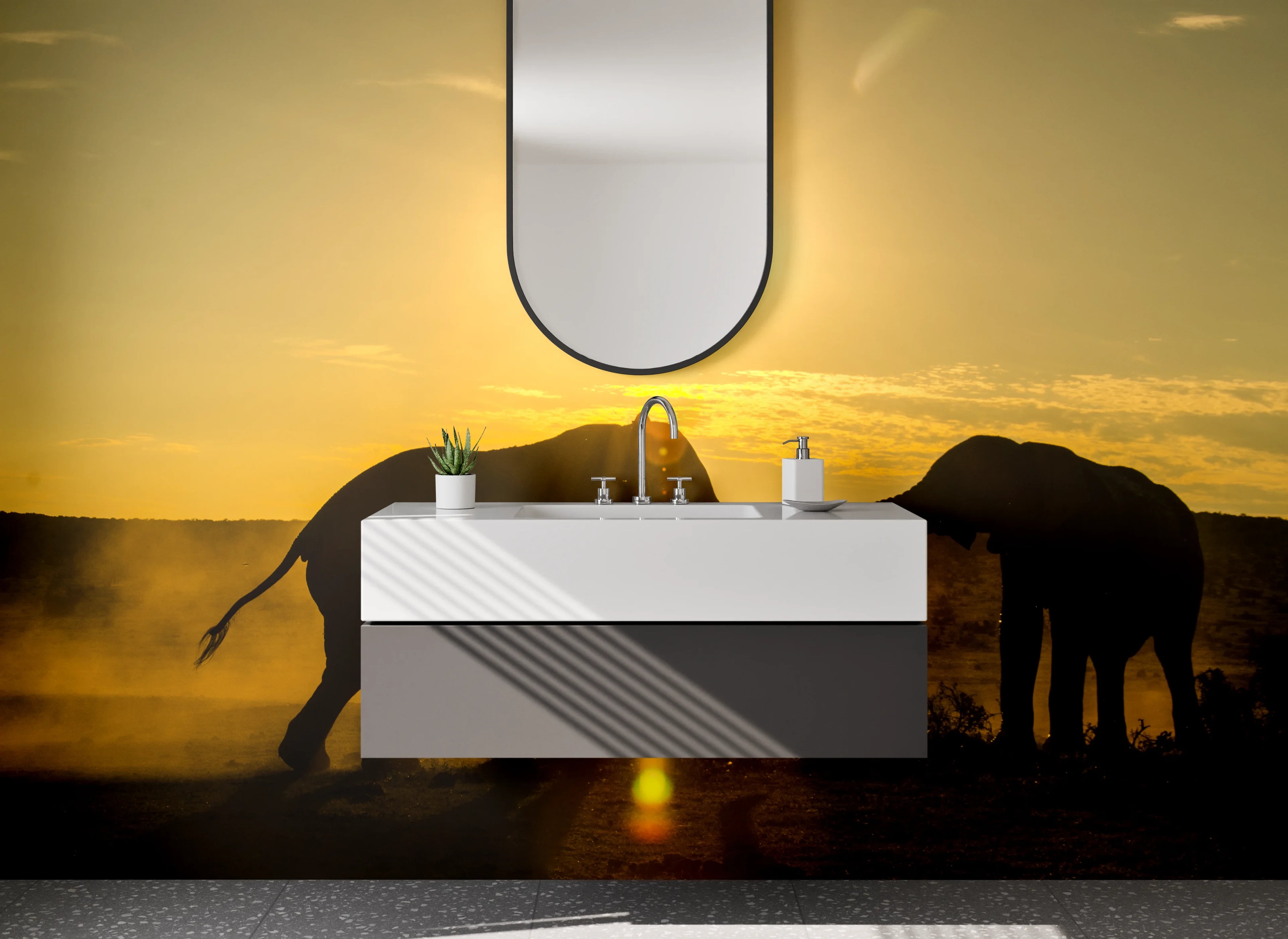 Waschbecken-Rückwand - Elefanten Silhouette Sonnenuntergang Natur