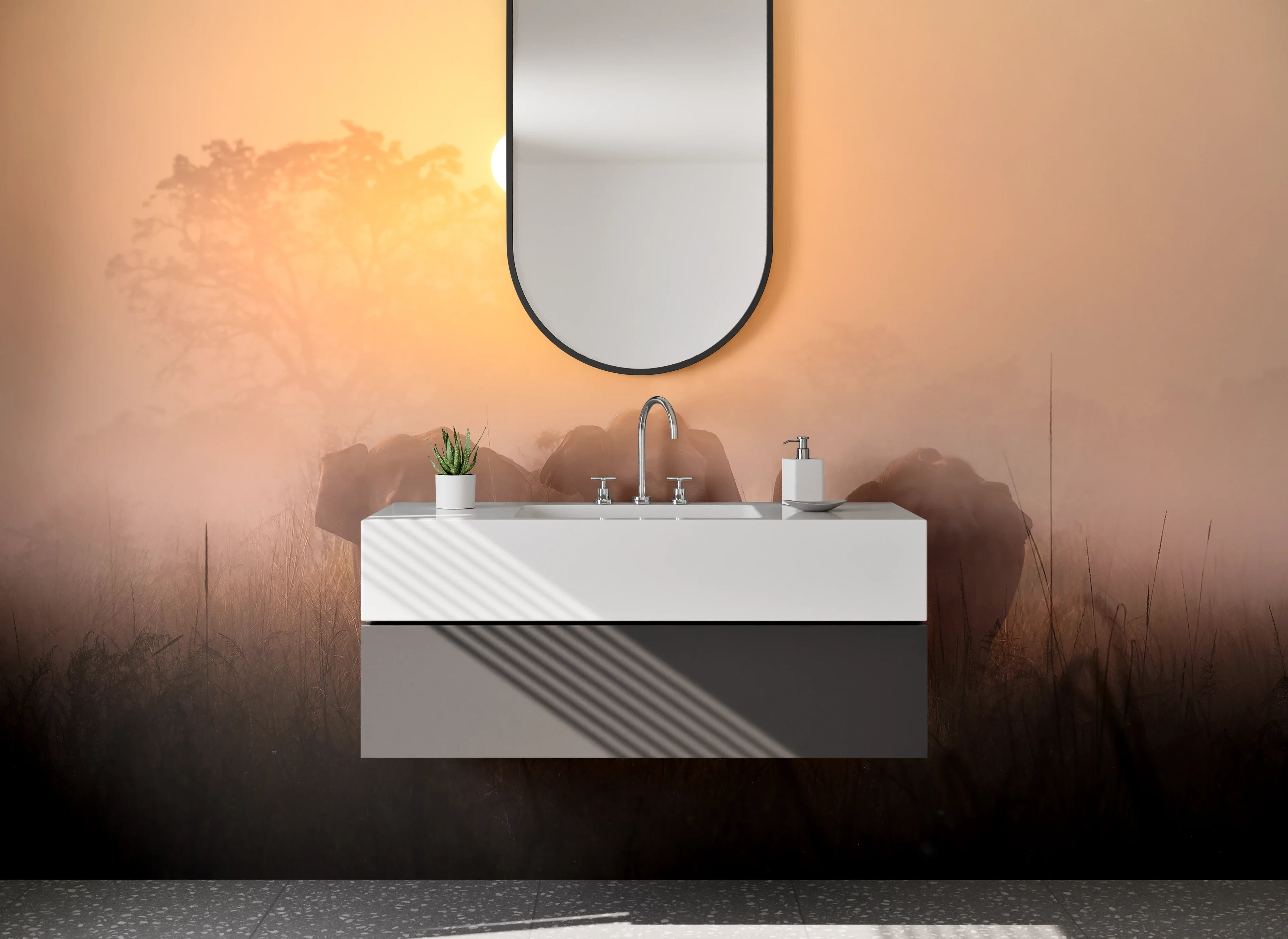 Waschbecken-Rückwand - Elefanten im Nebel bei Sonnenaufgang