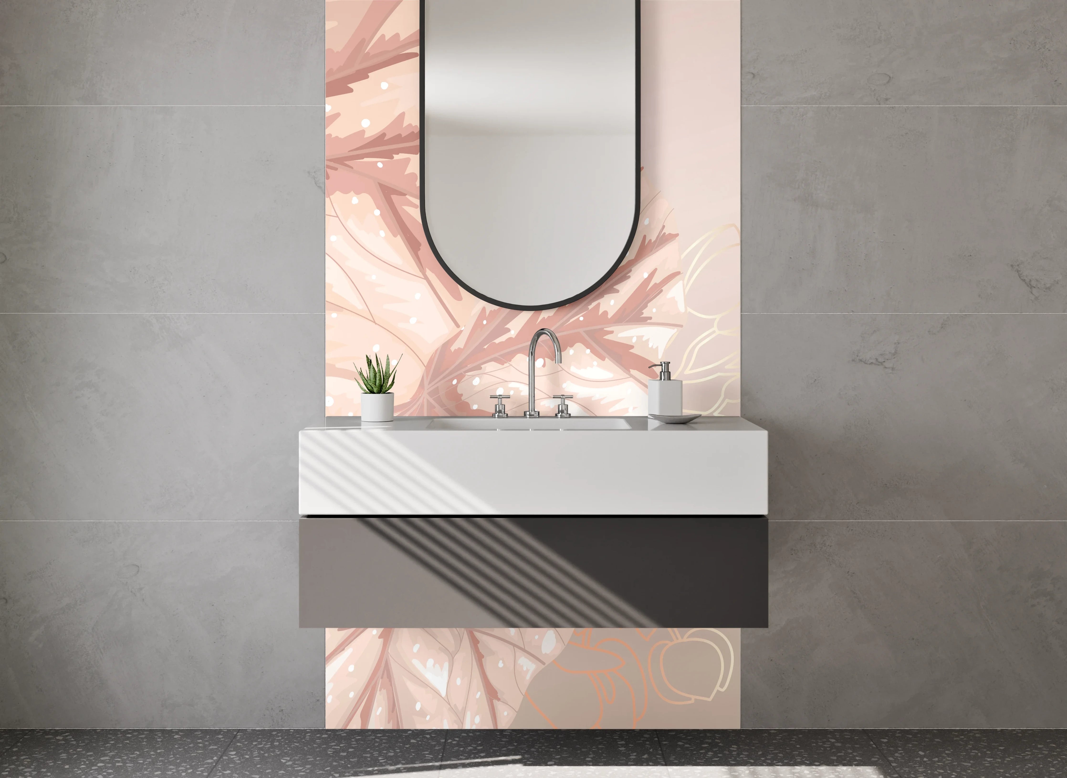 Waschbecken-Rückwand - Elegante Blätter Aquarell Pastellrosa