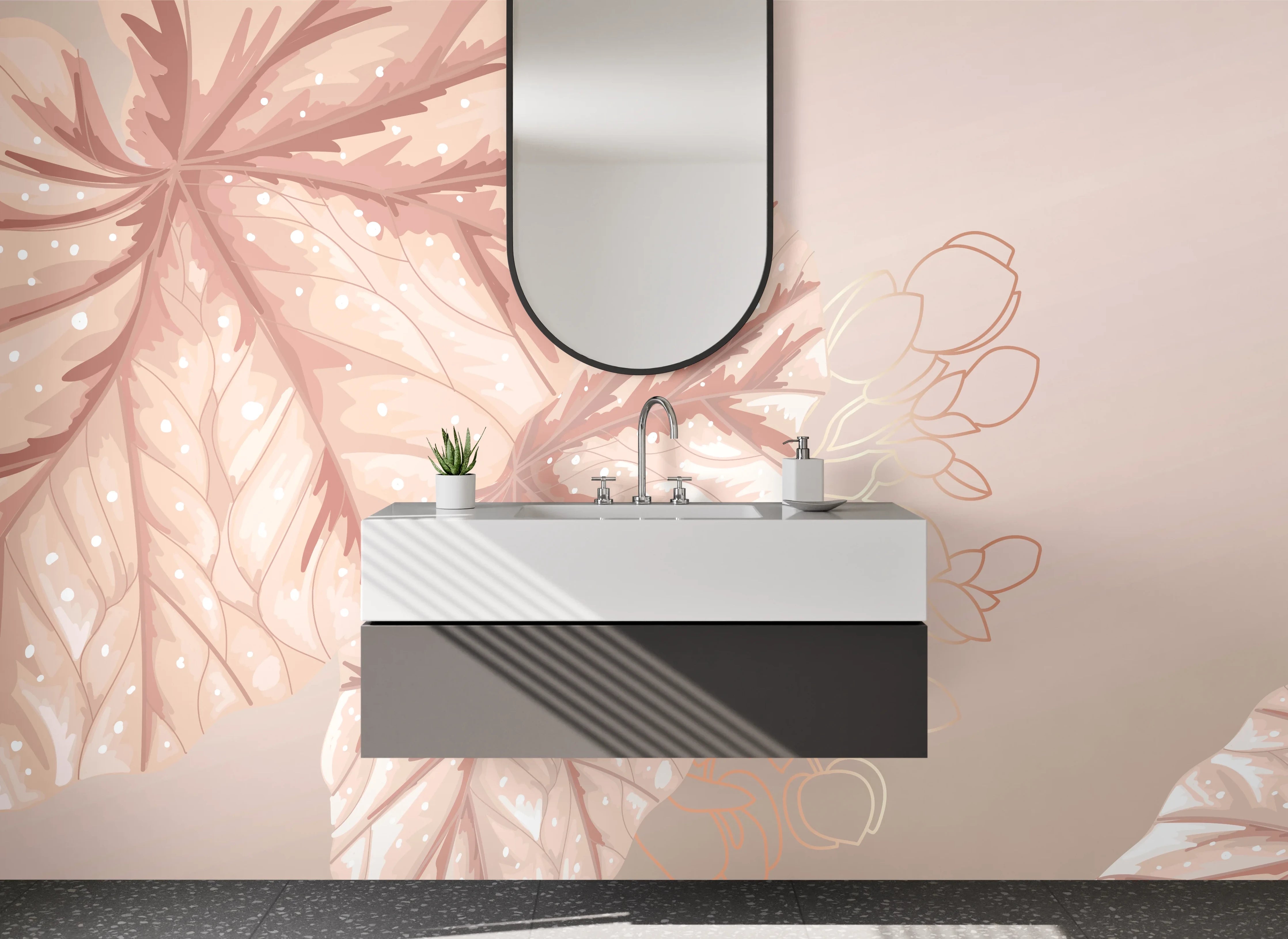 Waschbecken-Rückwand - Elegante Blätter Aquarell Pastellrosa