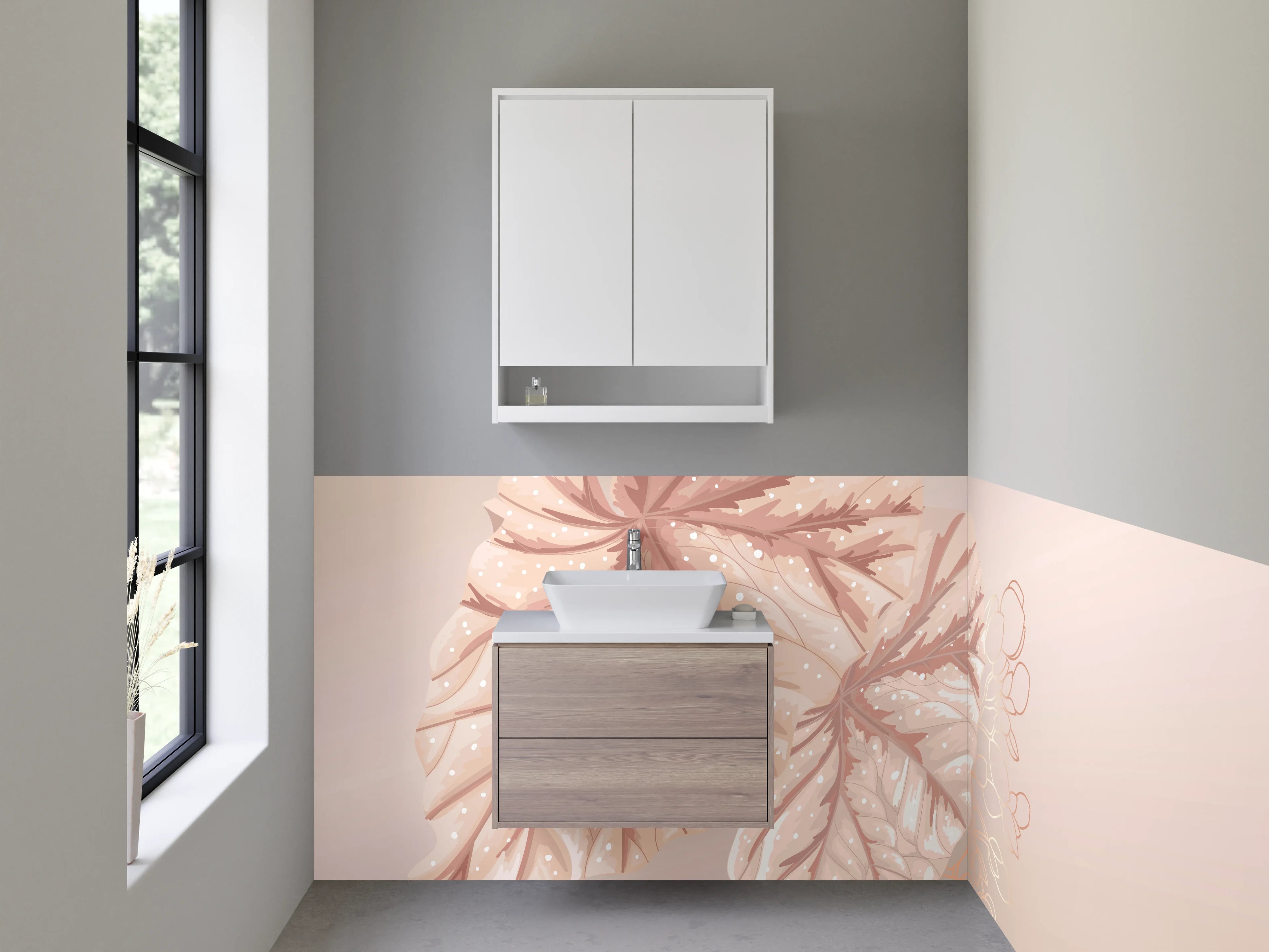 Waschbecken-Rückwand - Elegante Blätter Illustration Beige Rosa