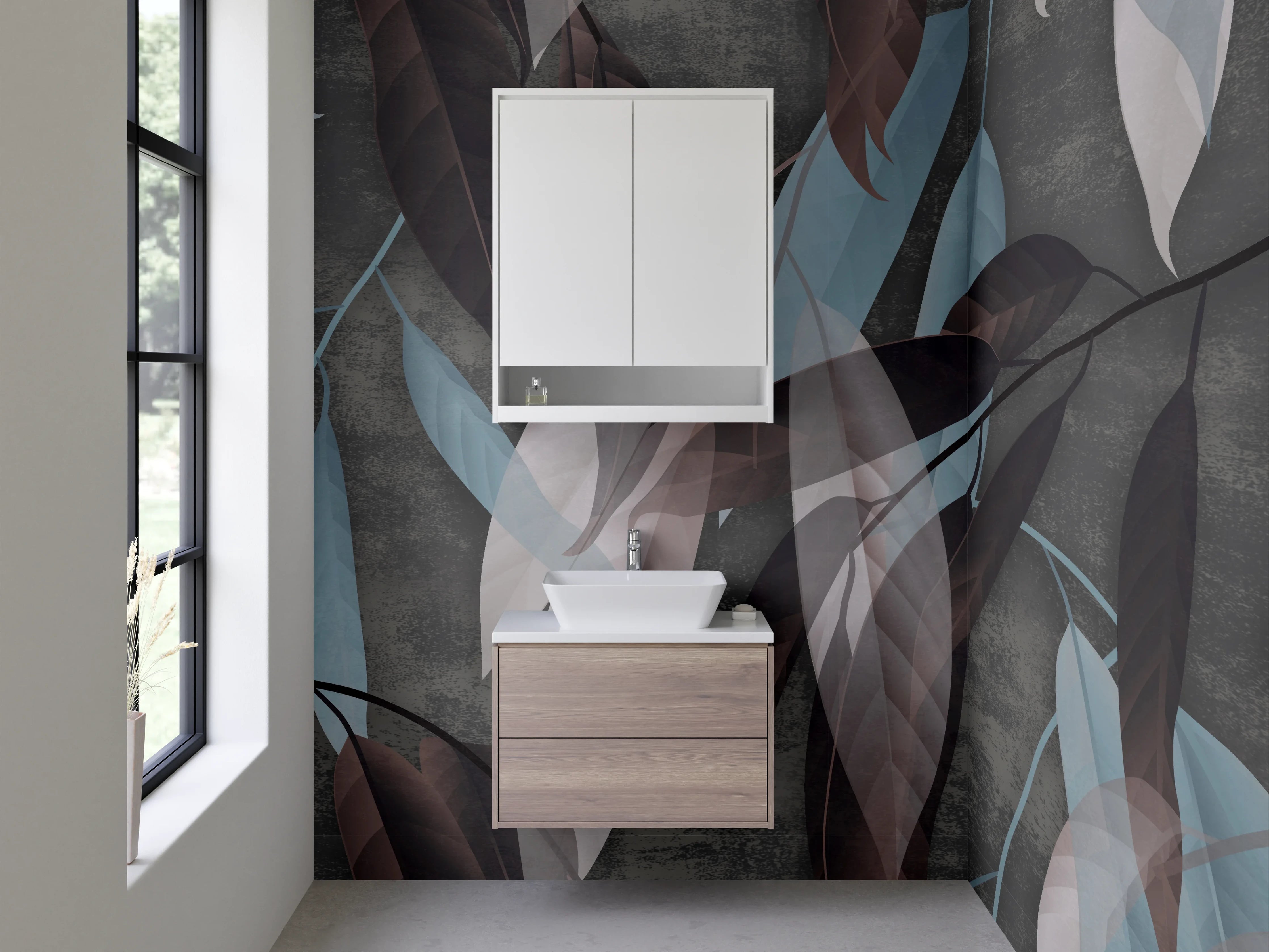 Waschbecken-Rückwand - Elegante Blätter in Braun und Blau