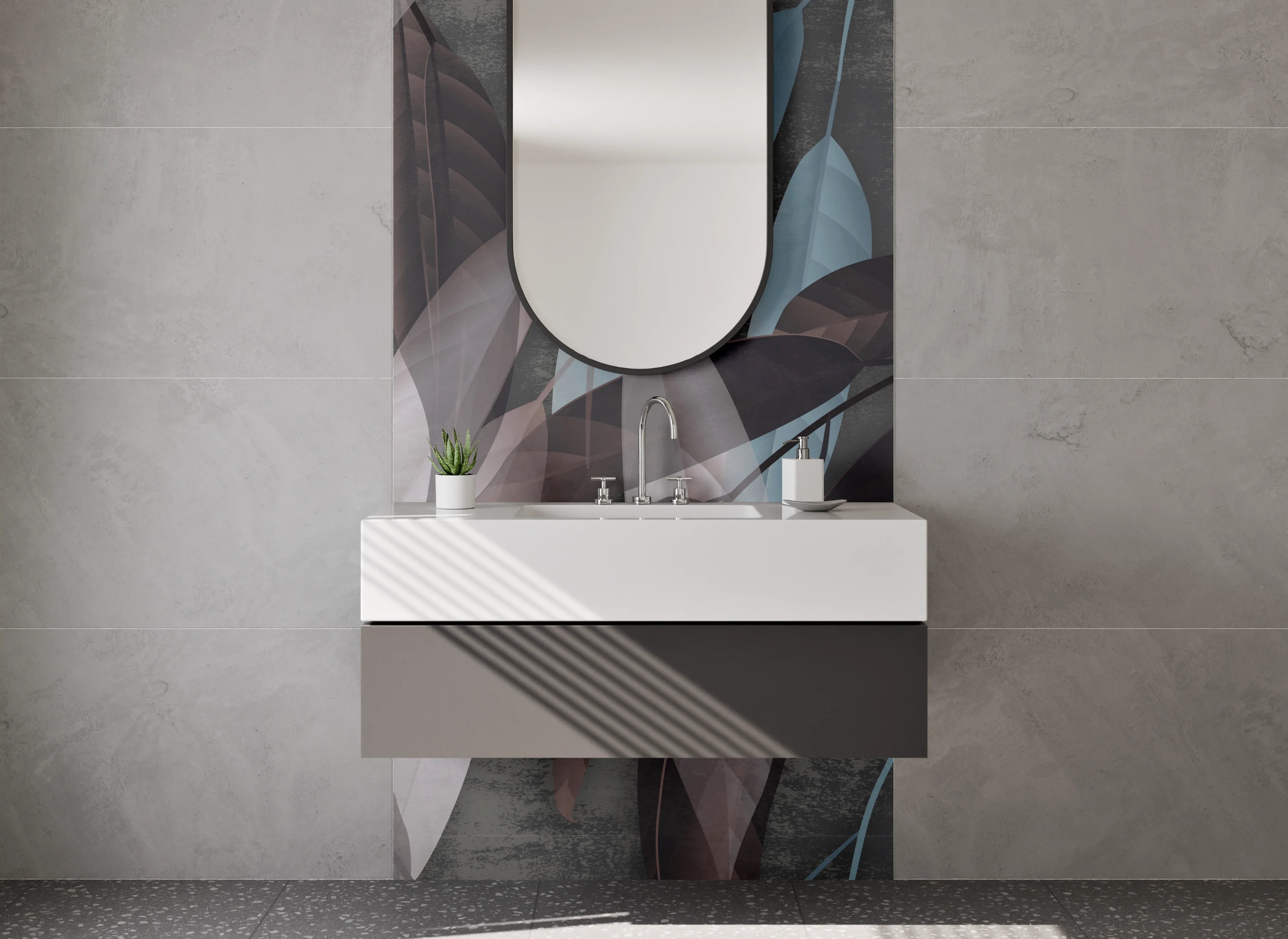 Waschbecken-Rückwand - Elegante Blätter in Braun und Blau