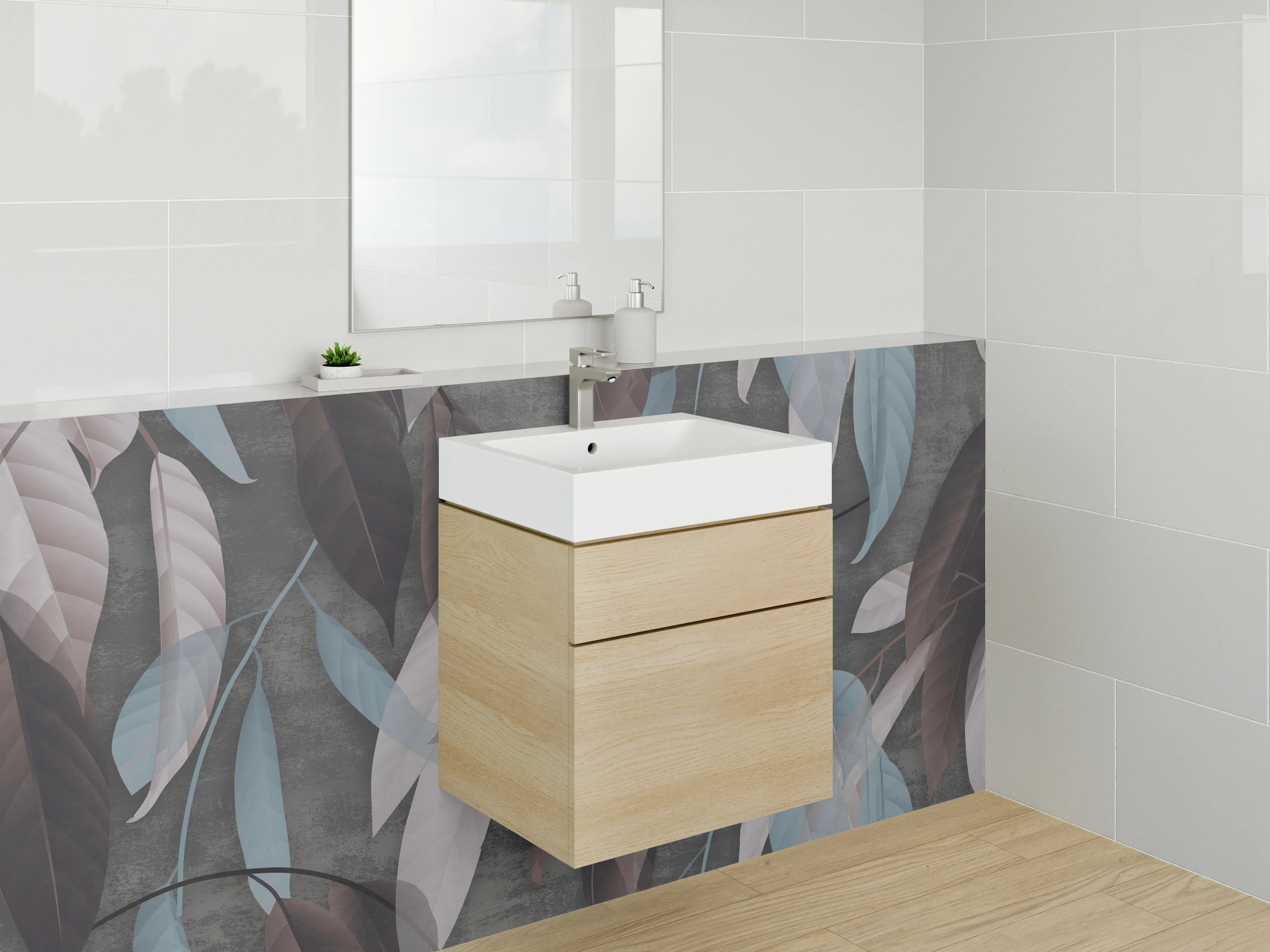 Waschbecken-Rückwand - Elegante Blätter in Braun und Blau
