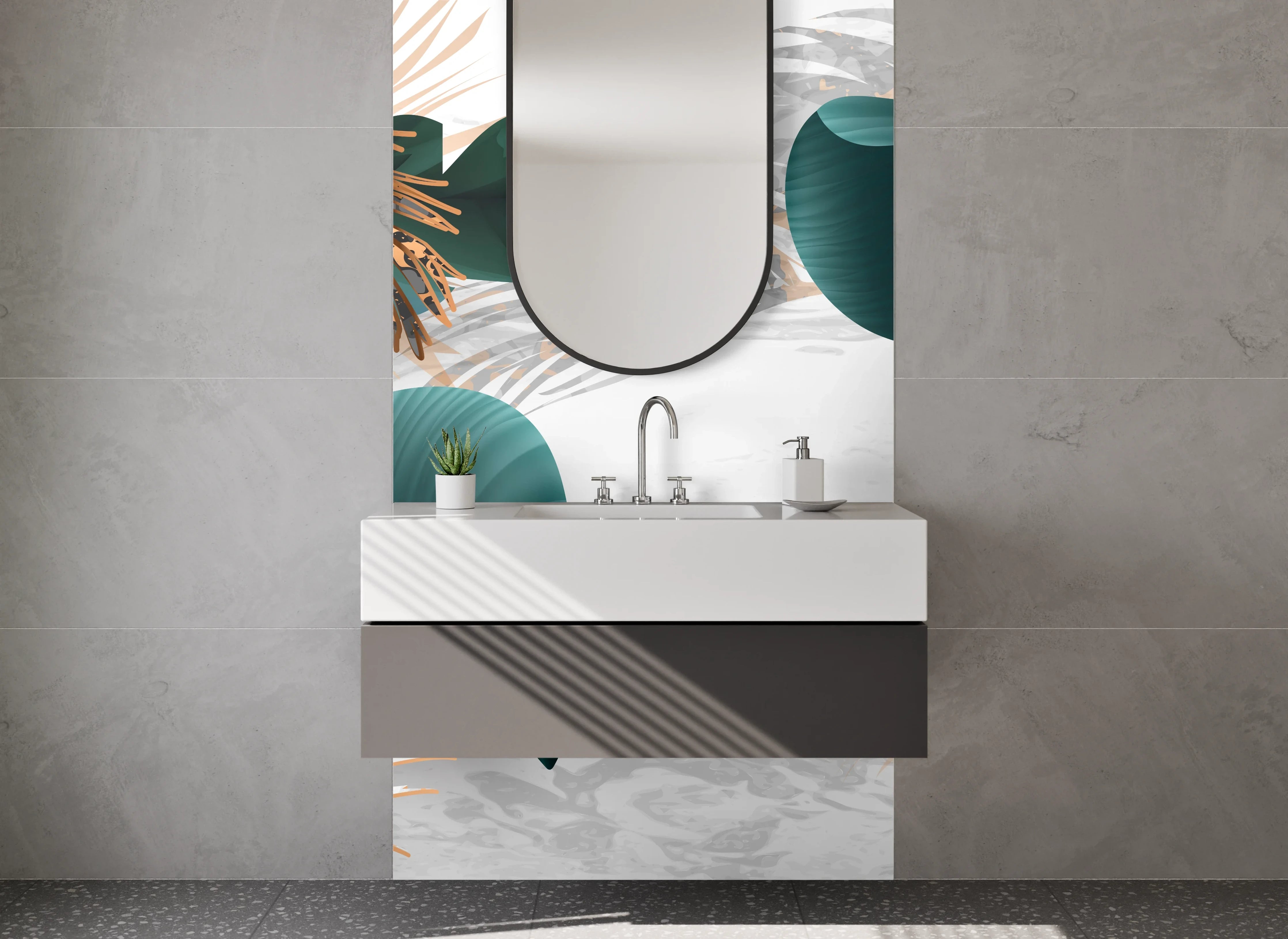 Waschbecken-Rückwand - Elegante Blätter mit Goldakzenten