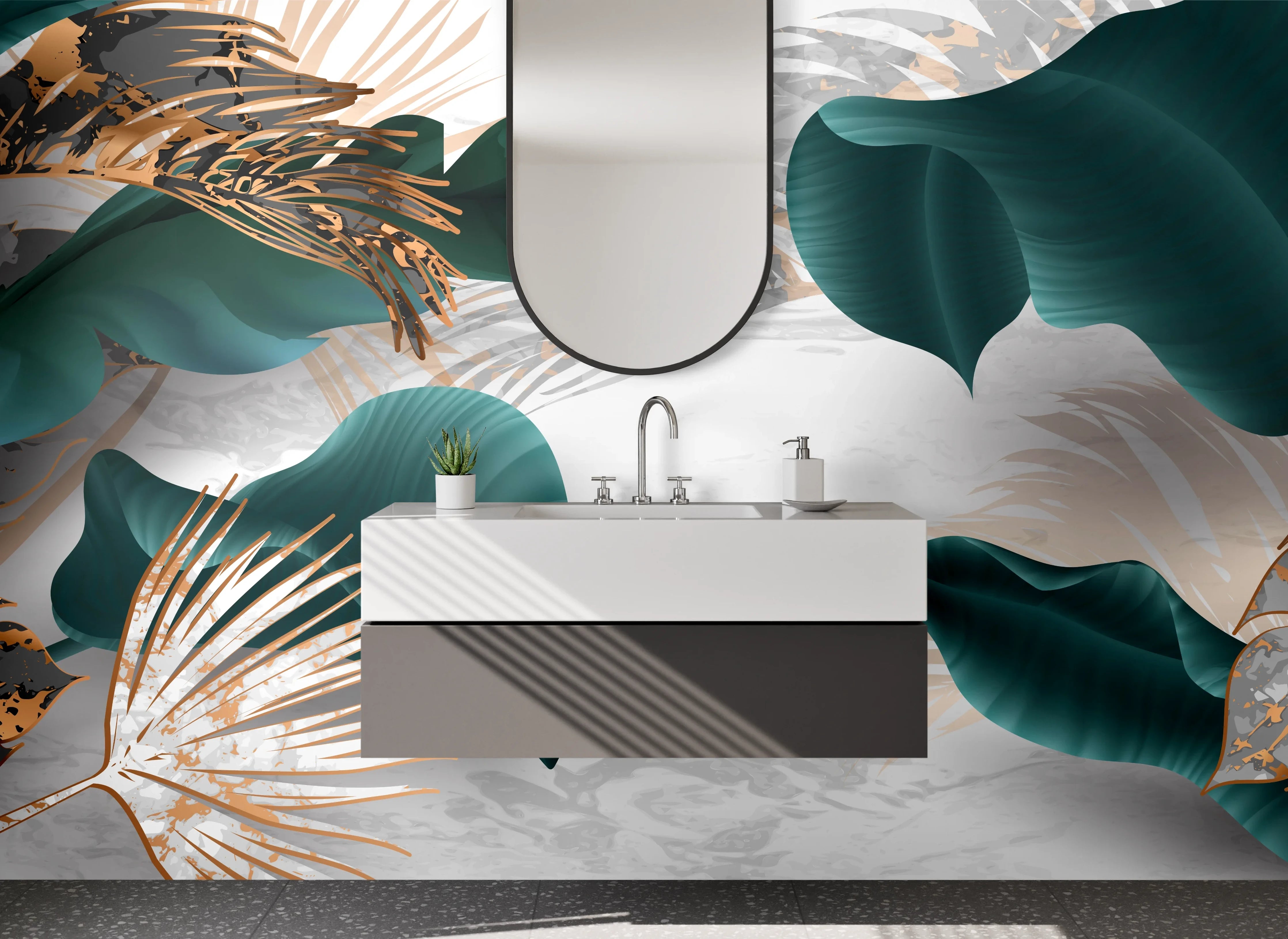 Waschbecken-Rückwand - Elegante Blätter mit Goldakzenten