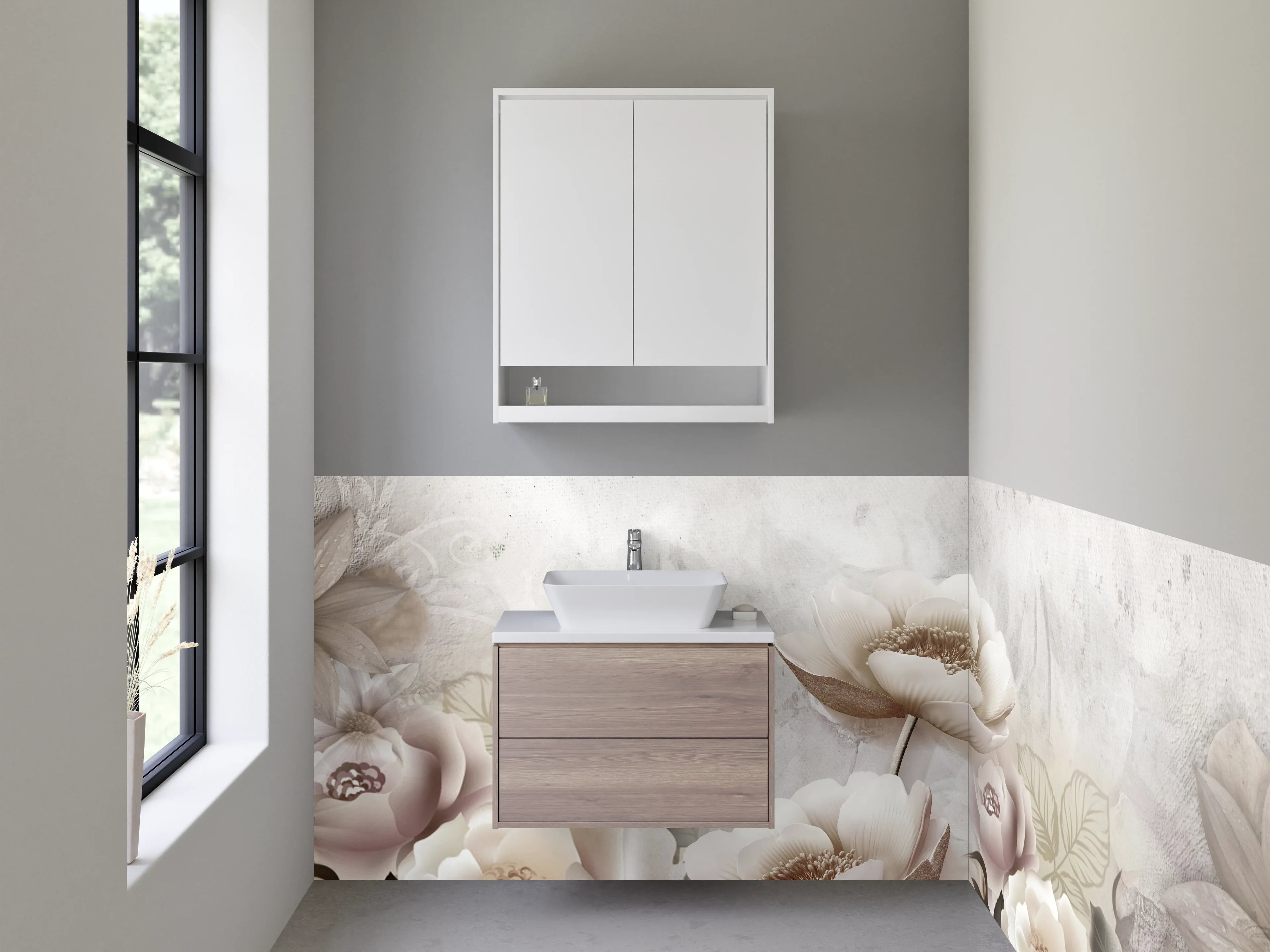 Waschbecken-Rückwand - Elegante Blumen in Weiß und Beige
