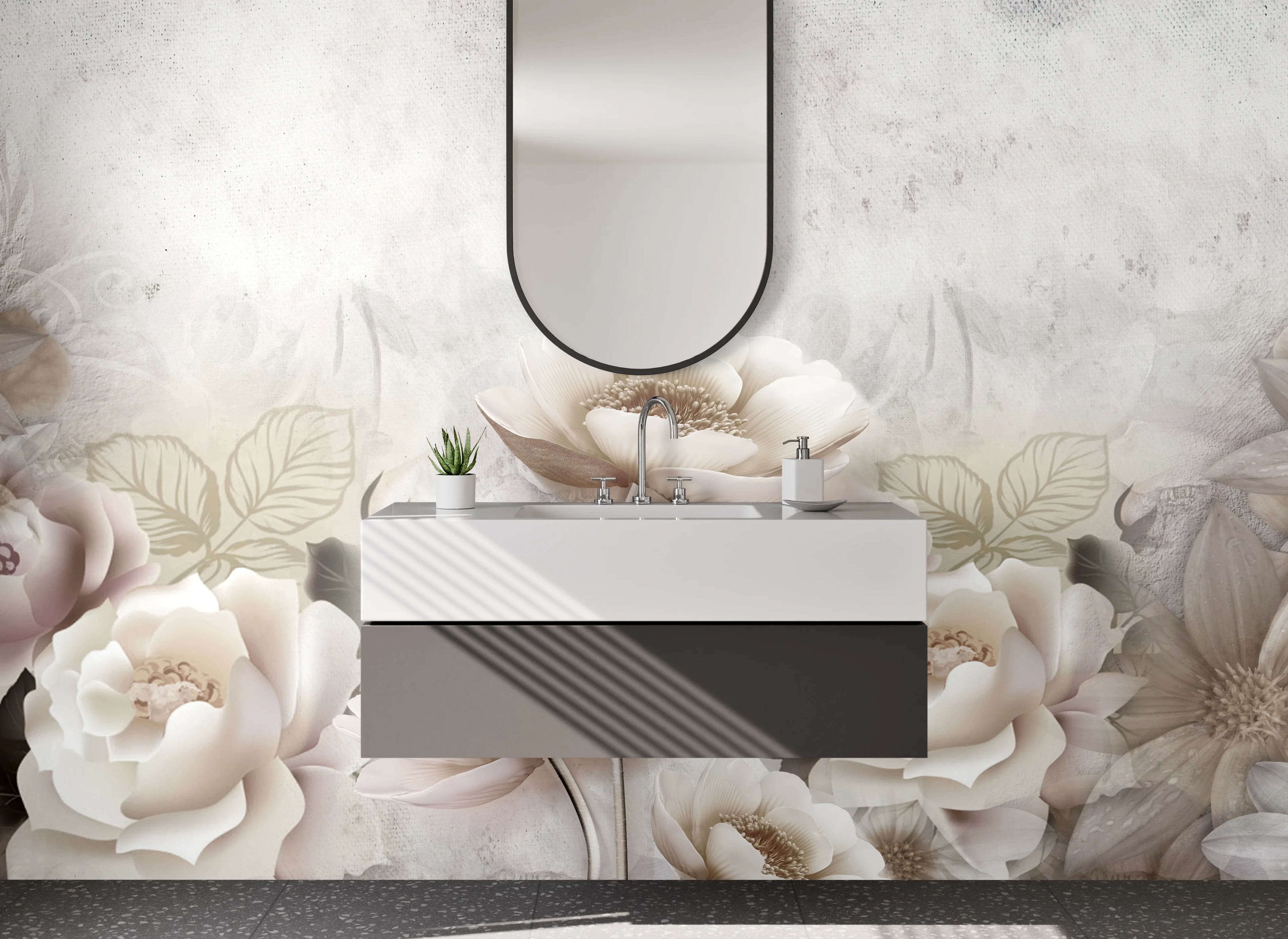 Waschbecken-Rückwand - Elegante Blumen in Weiß und Beige