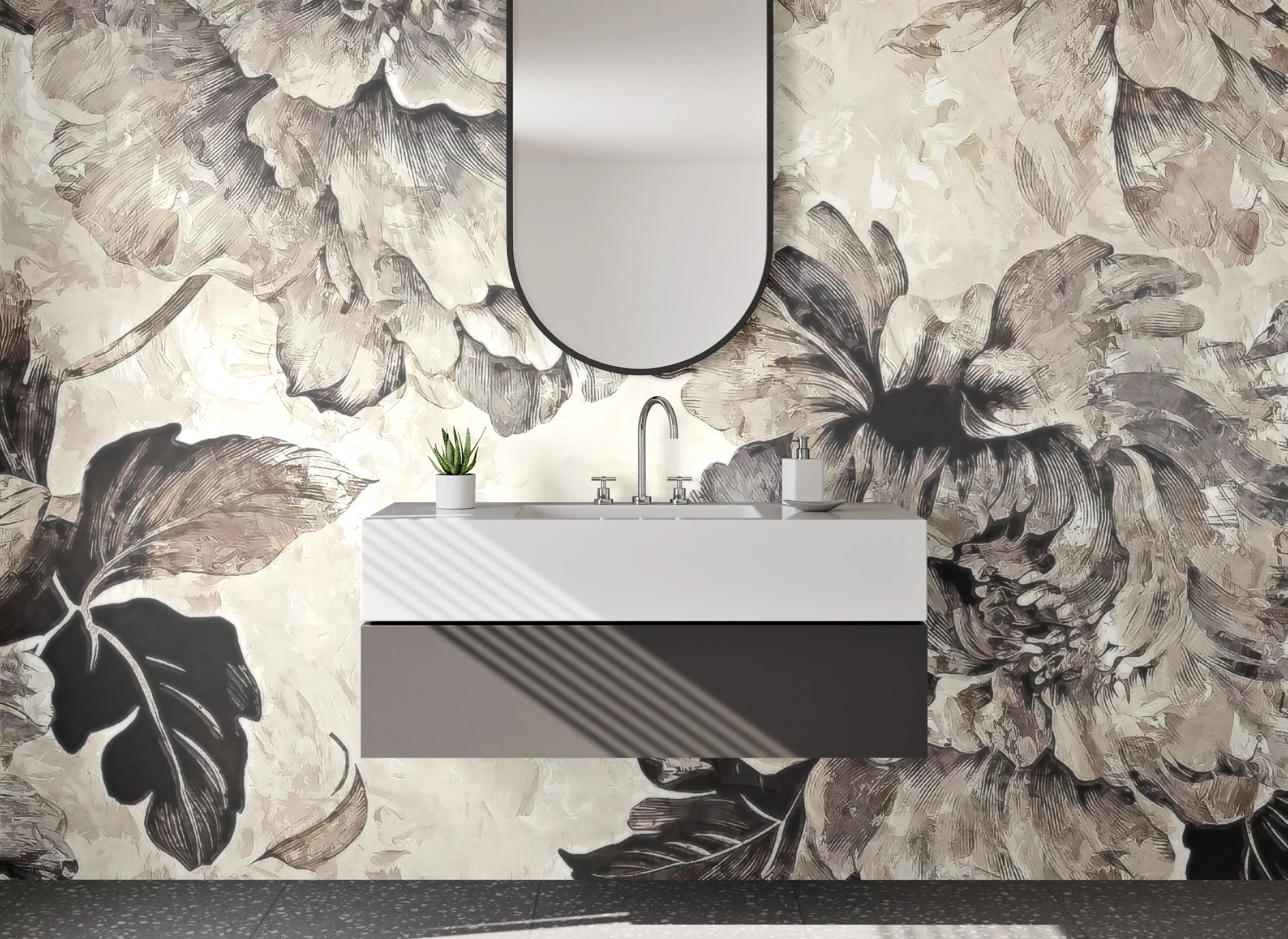 Waschbecken-Rückwand - Elegante Blumenmuster mit Grau- und Beigetönen