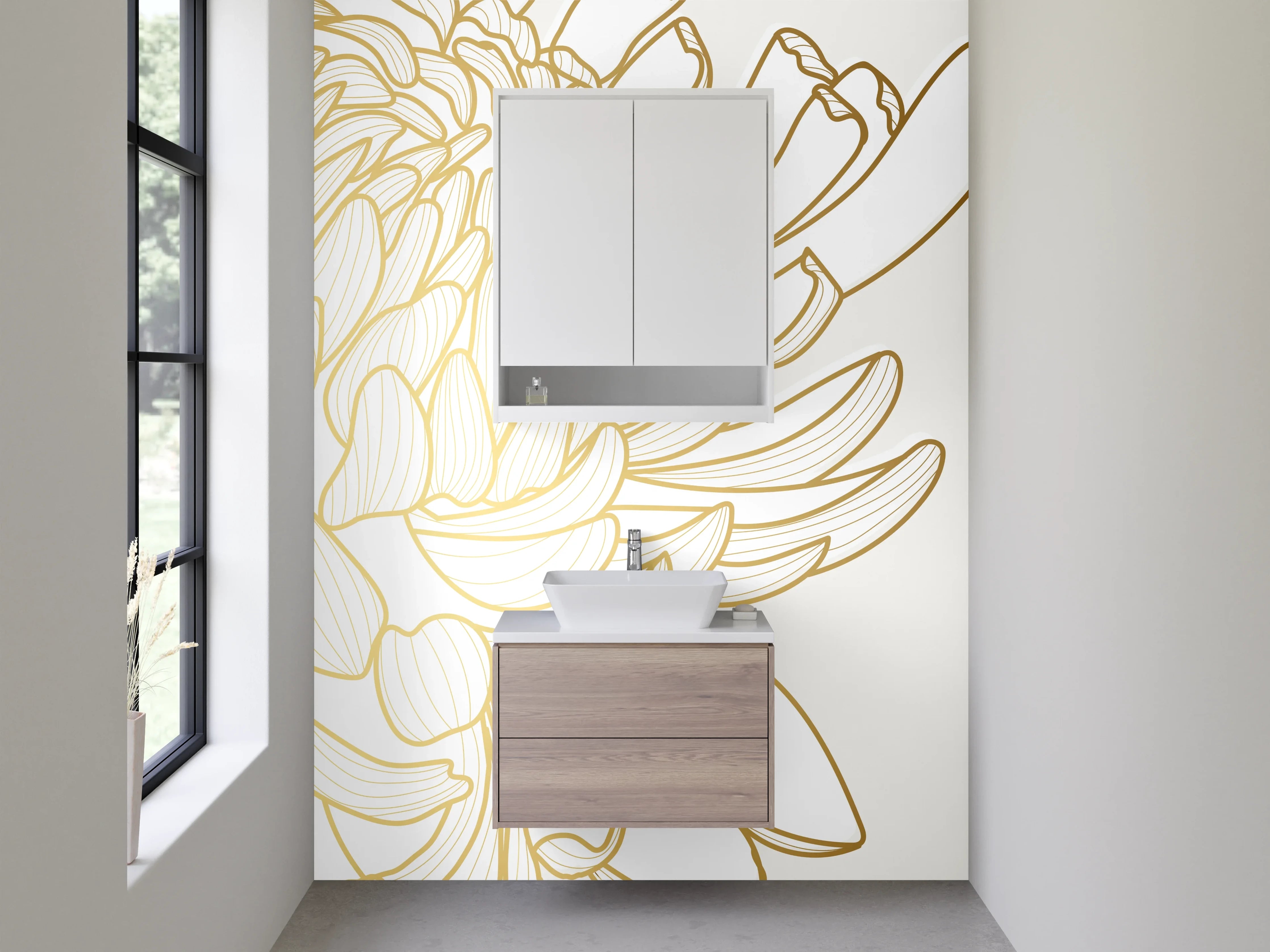 Waschbecken-Rückwand - Elegante Chrysanthemen Gold Lineart