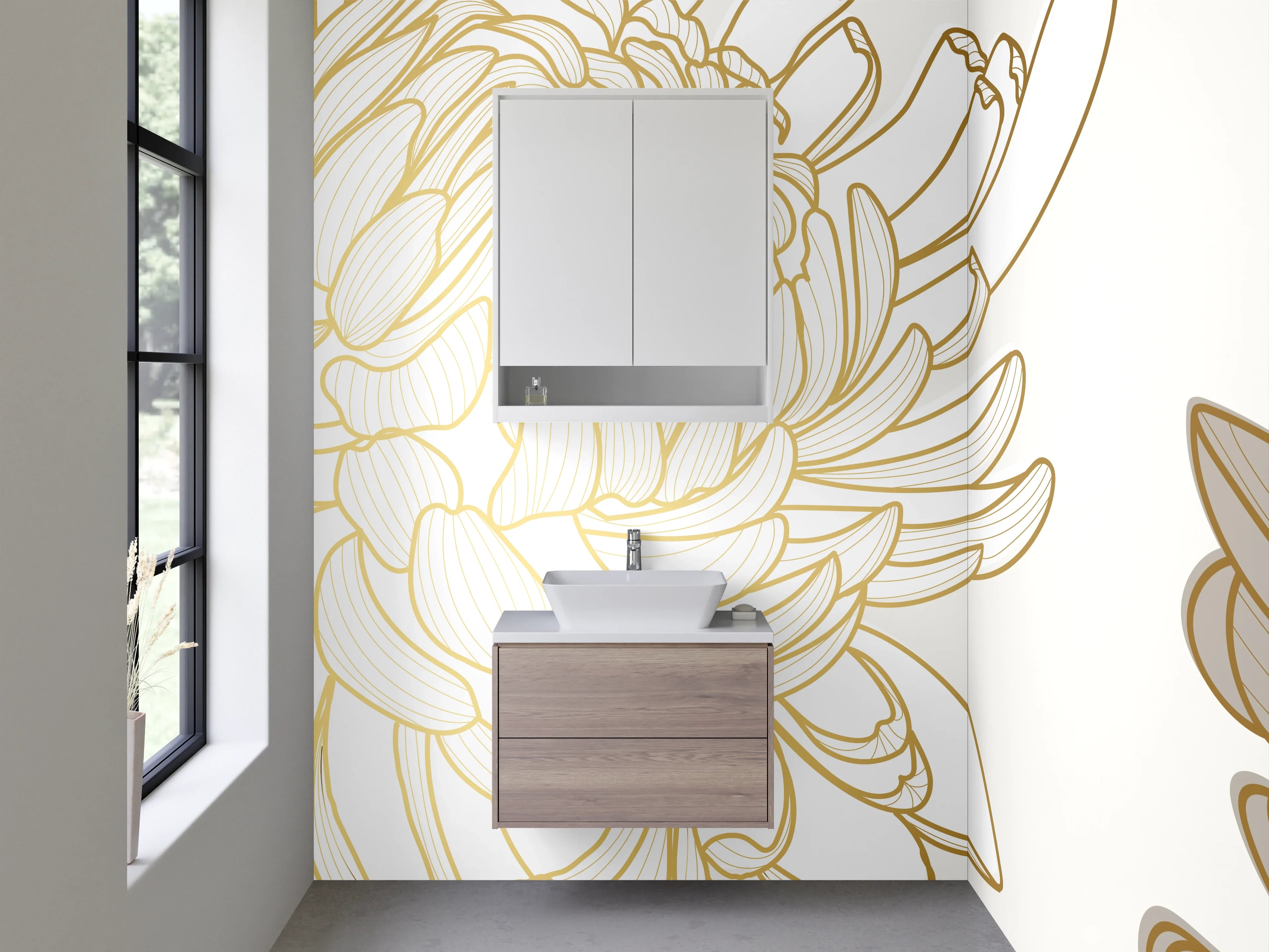 Waschbecken-Rückwand - Elegante Chrysanthemen Gold Lineart