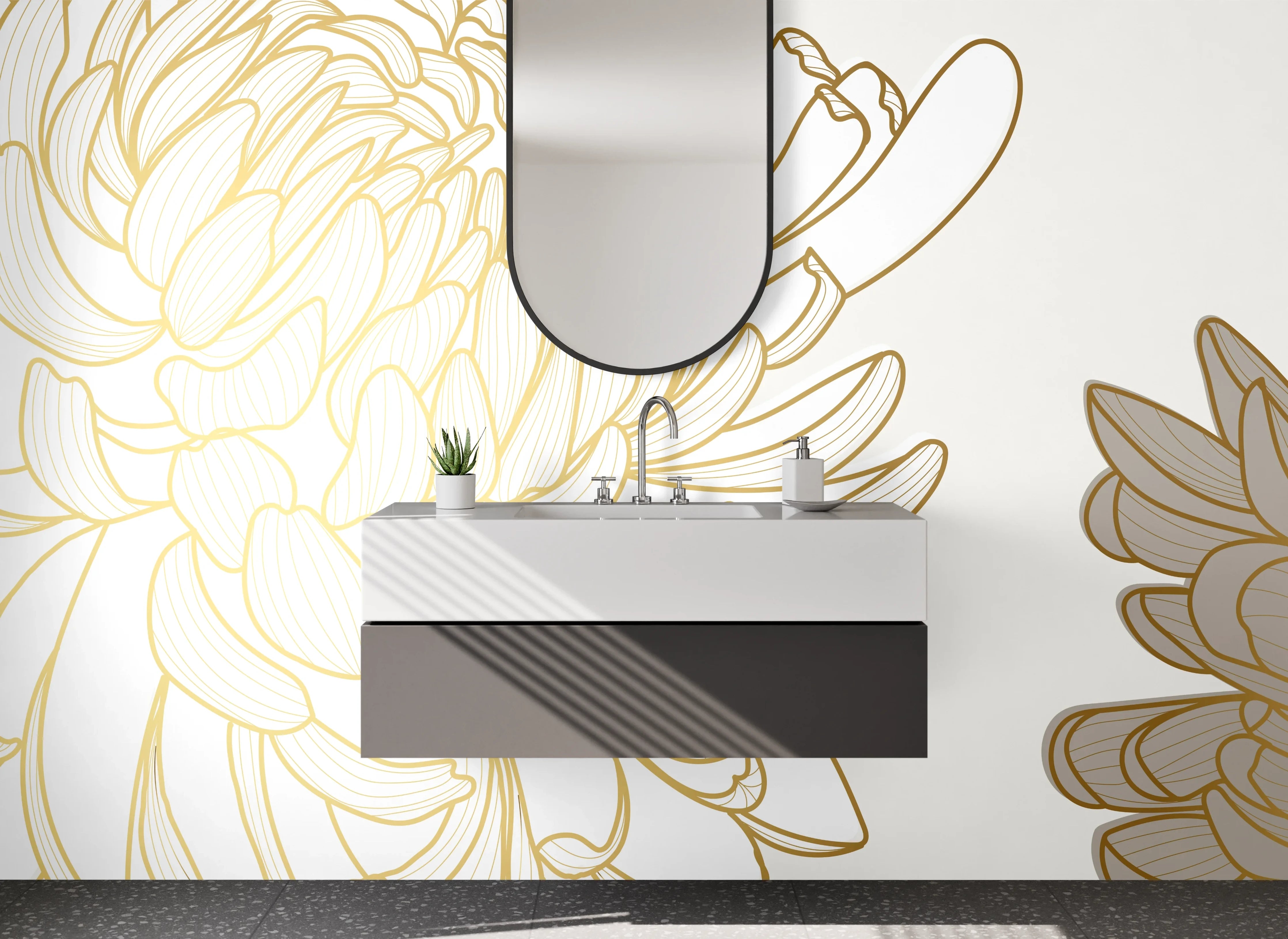 Waschbecken-Rückwand - Elegante Chrysanthemen Gold Lineart