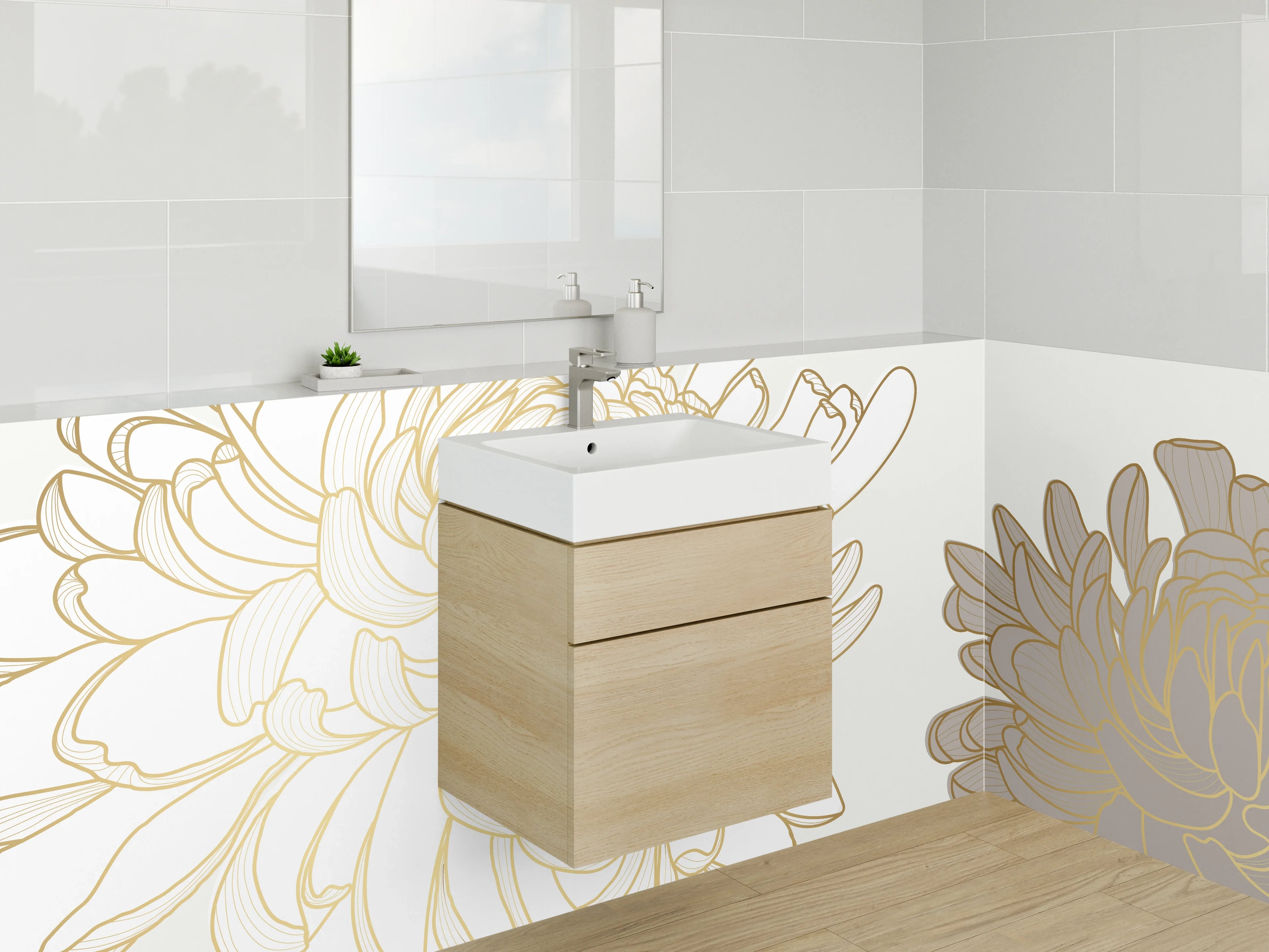Waschbecken-Rückwand - Elegante Chrysanthemen Gold Lineart