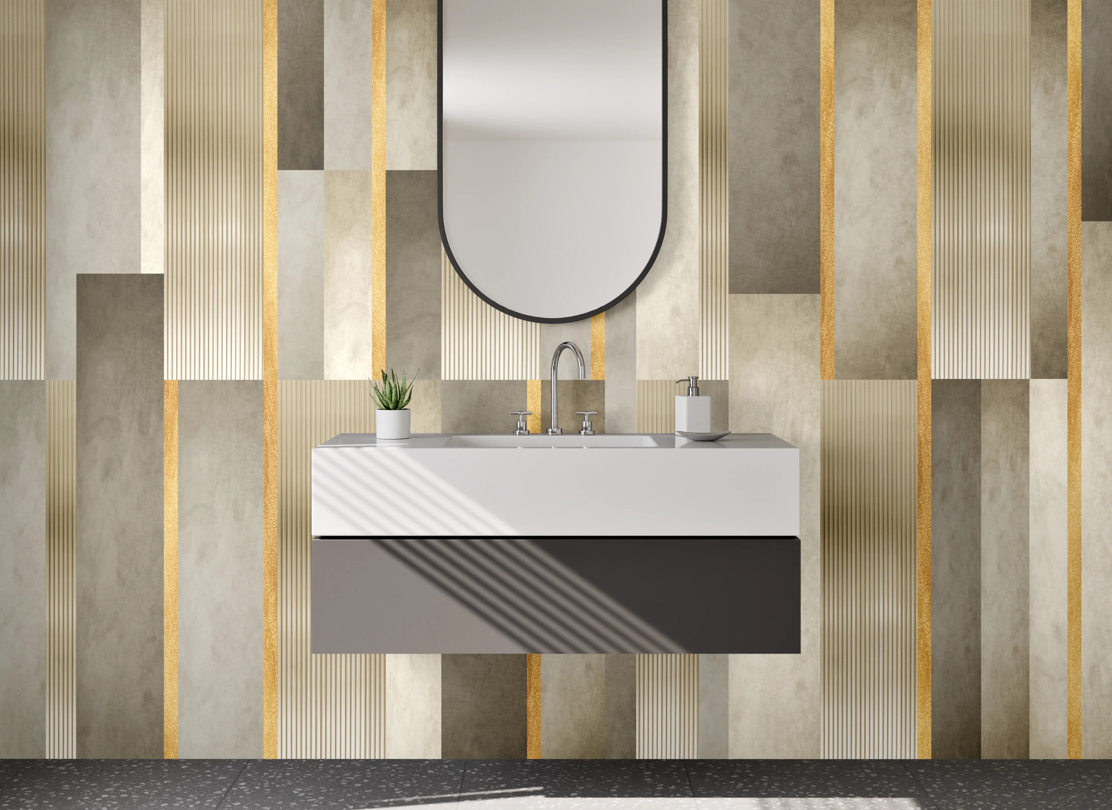 Waschbecken-Rückwand - Elegante Fliesen mit Goldakzenten