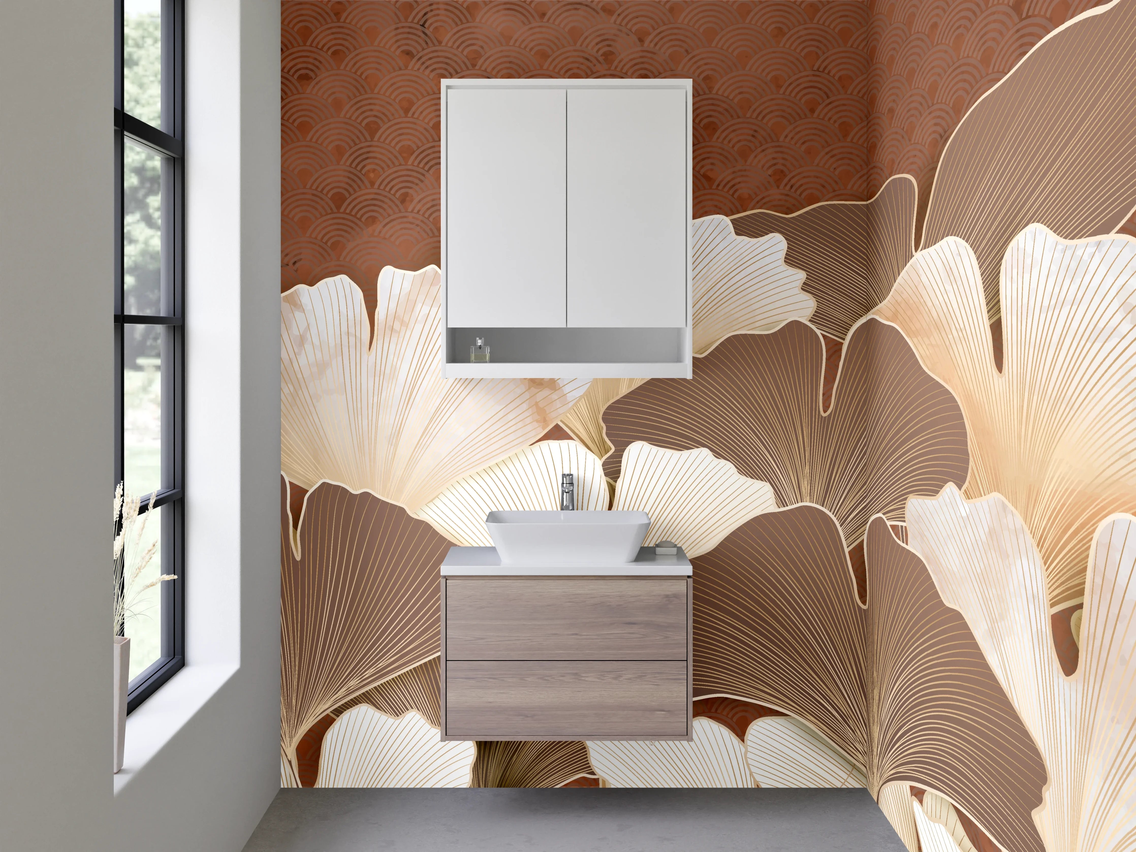 Waschbecken-Rückwand - Elegante Ginkgo-Blätter in Beige und Braun