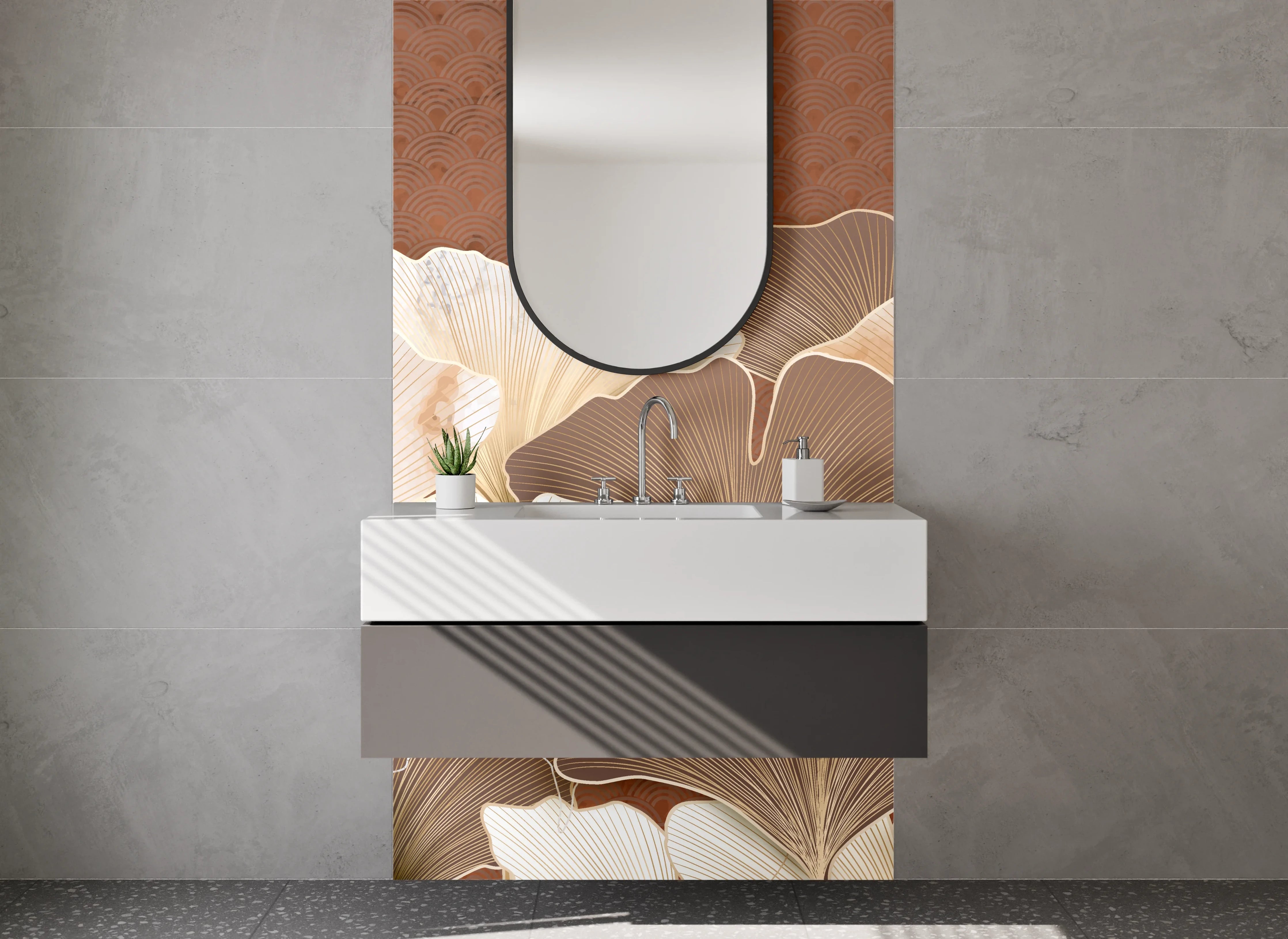 Waschbecken-Rückwand - Elegante Ginkgo-Blätter in Beige und Braun