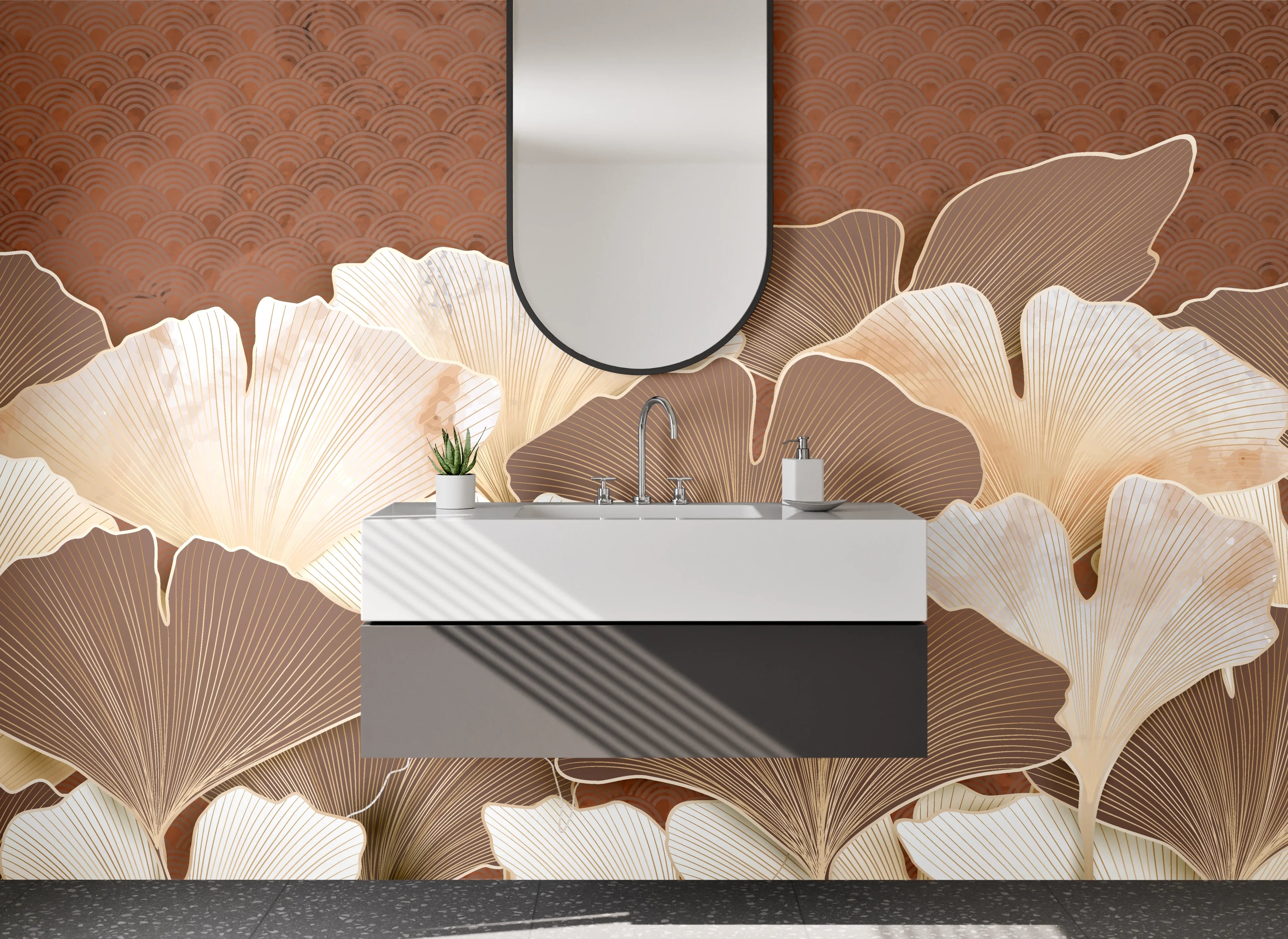 Waschbecken-Rückwand - Elegante Ginkgo-Blätter in Beige und Braun