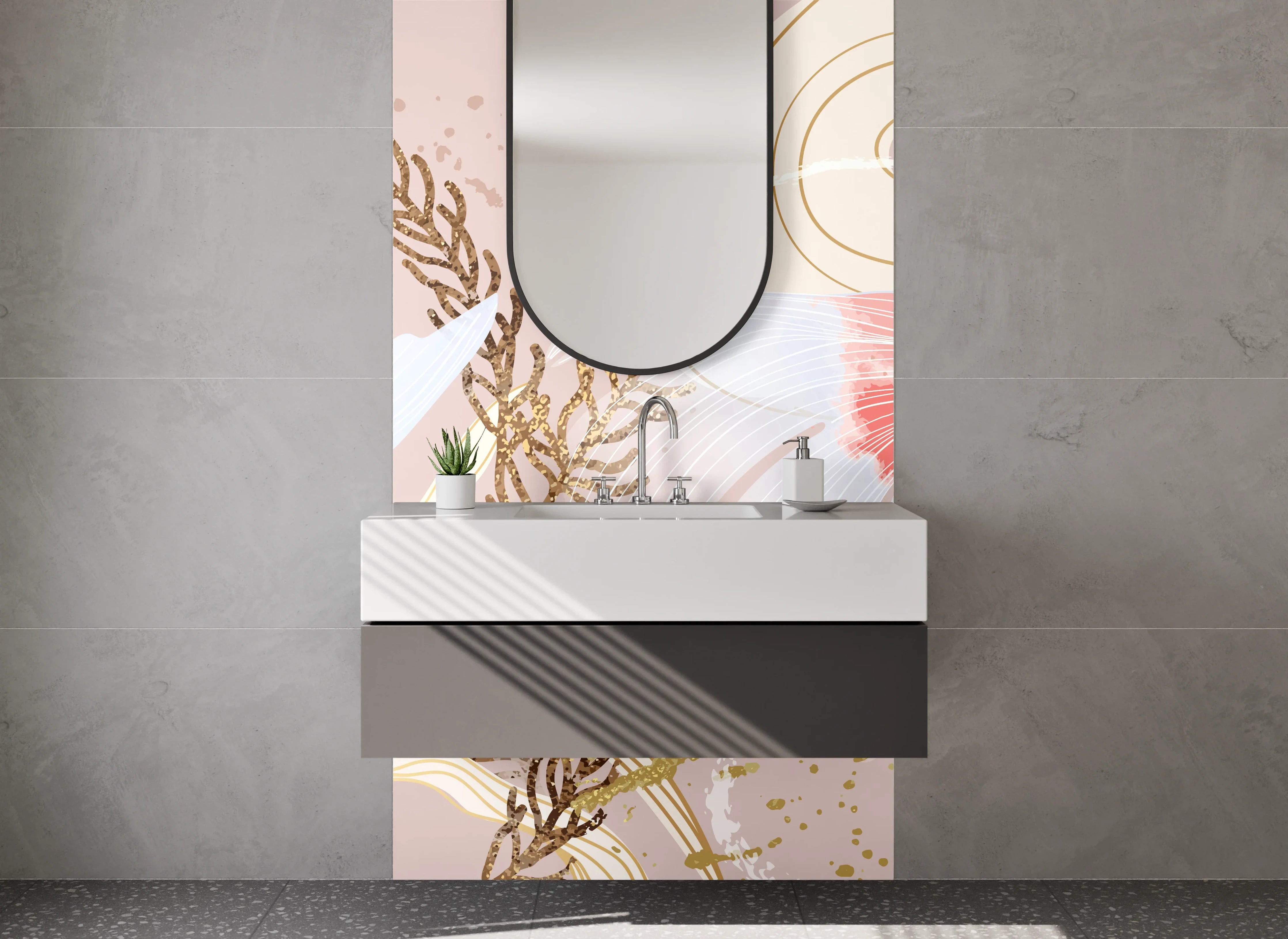 Waschbecken-Rückwand - Elegante Goldfische Illustration Wasserpflanzen