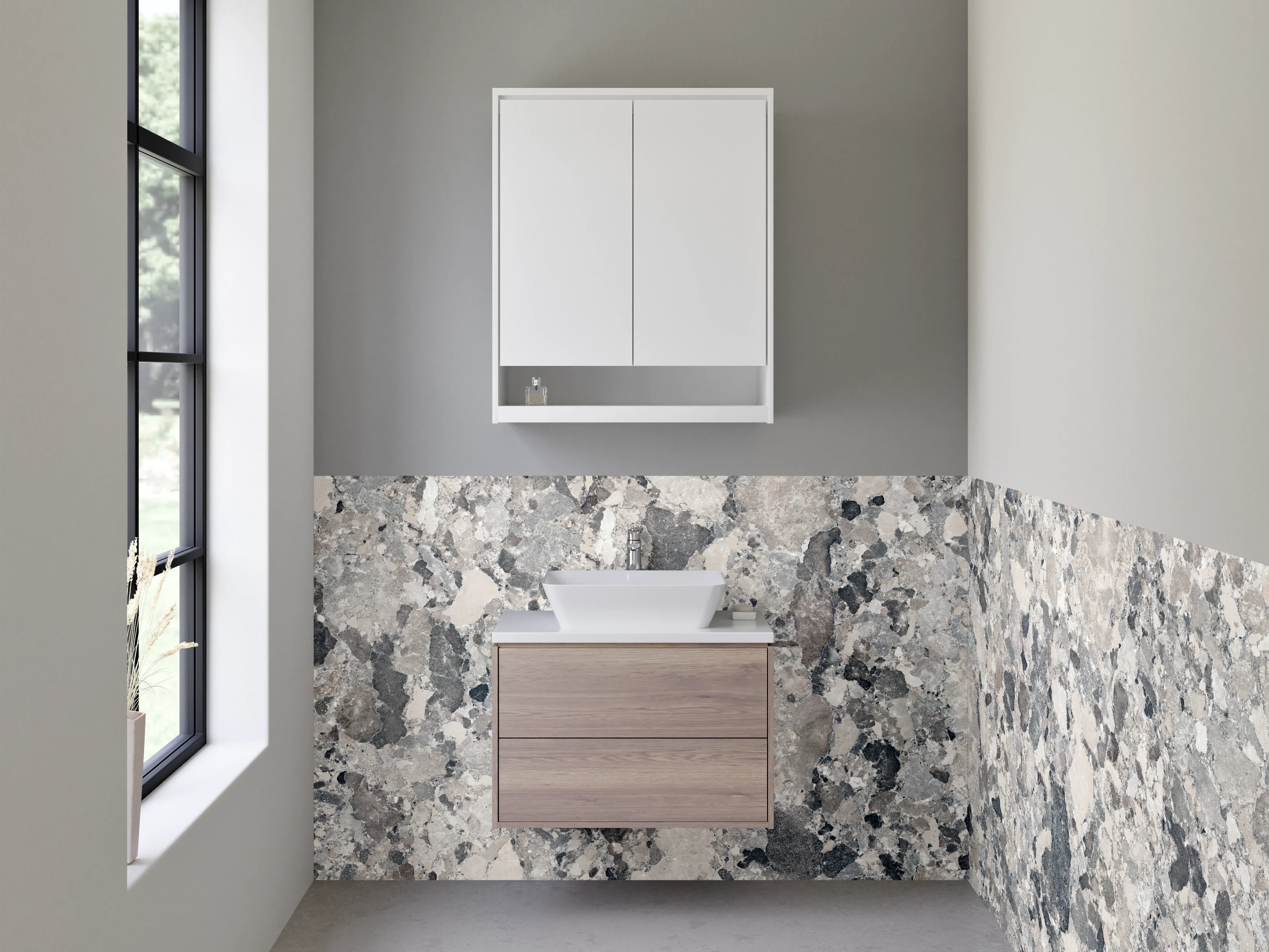 Waschbecken-Rückwand - Elegante Grauschleier auf weißem Marmor