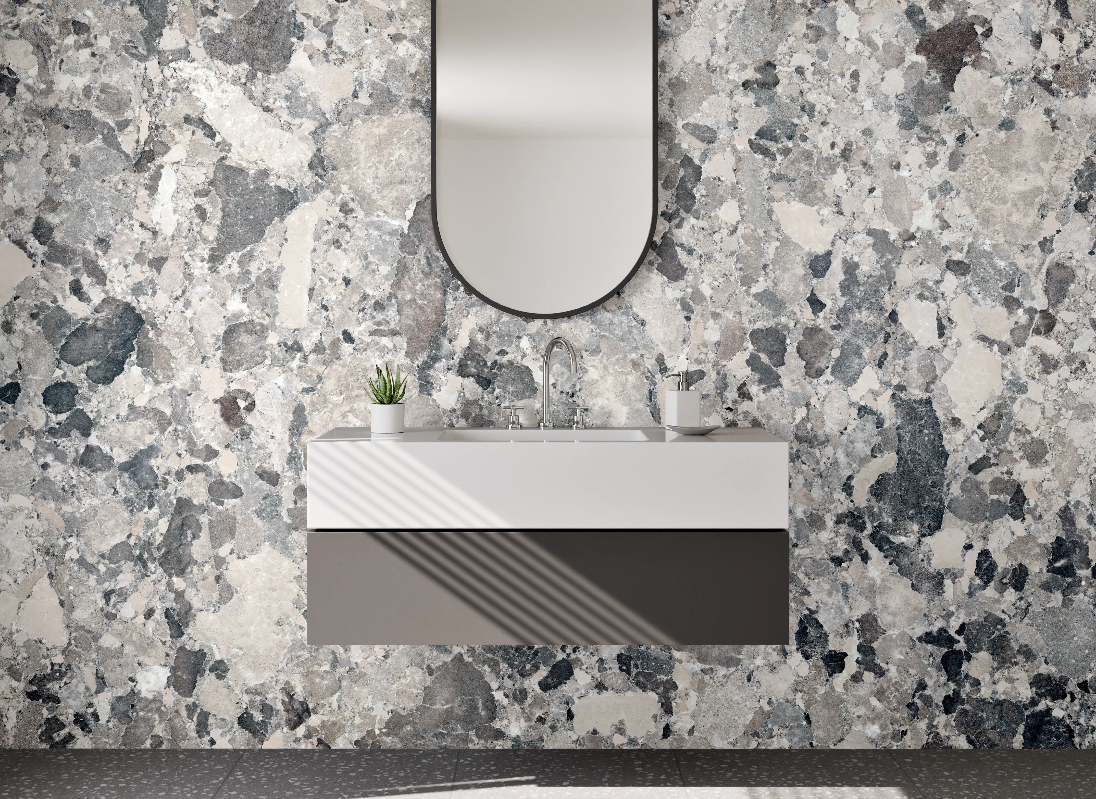 Waschbecken-Rückwand - Elegante Grauschleier auf weißem Marmor