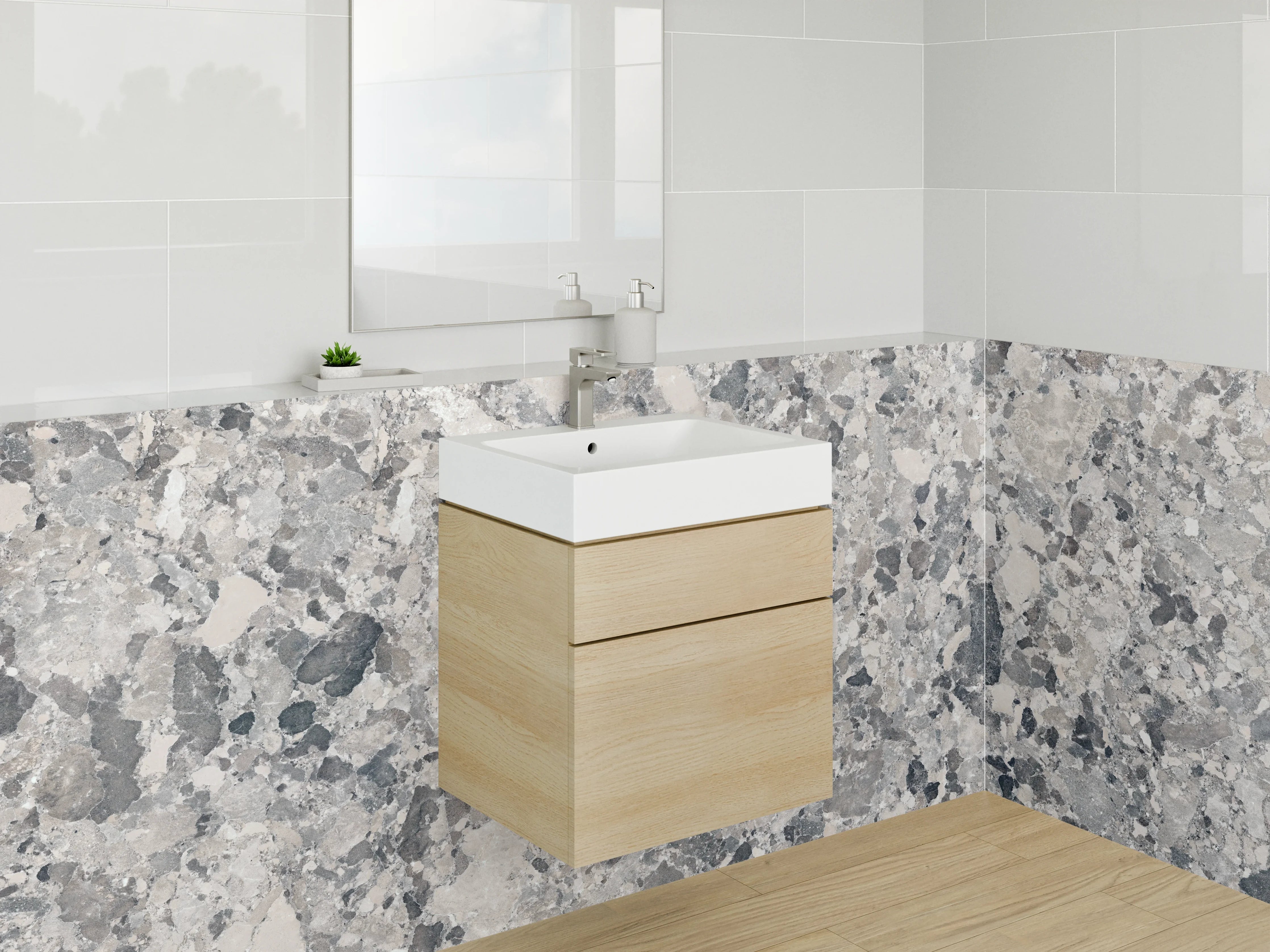 Waschbecken-Rückwand - Elegante Grauschleier auf weißem Marmor