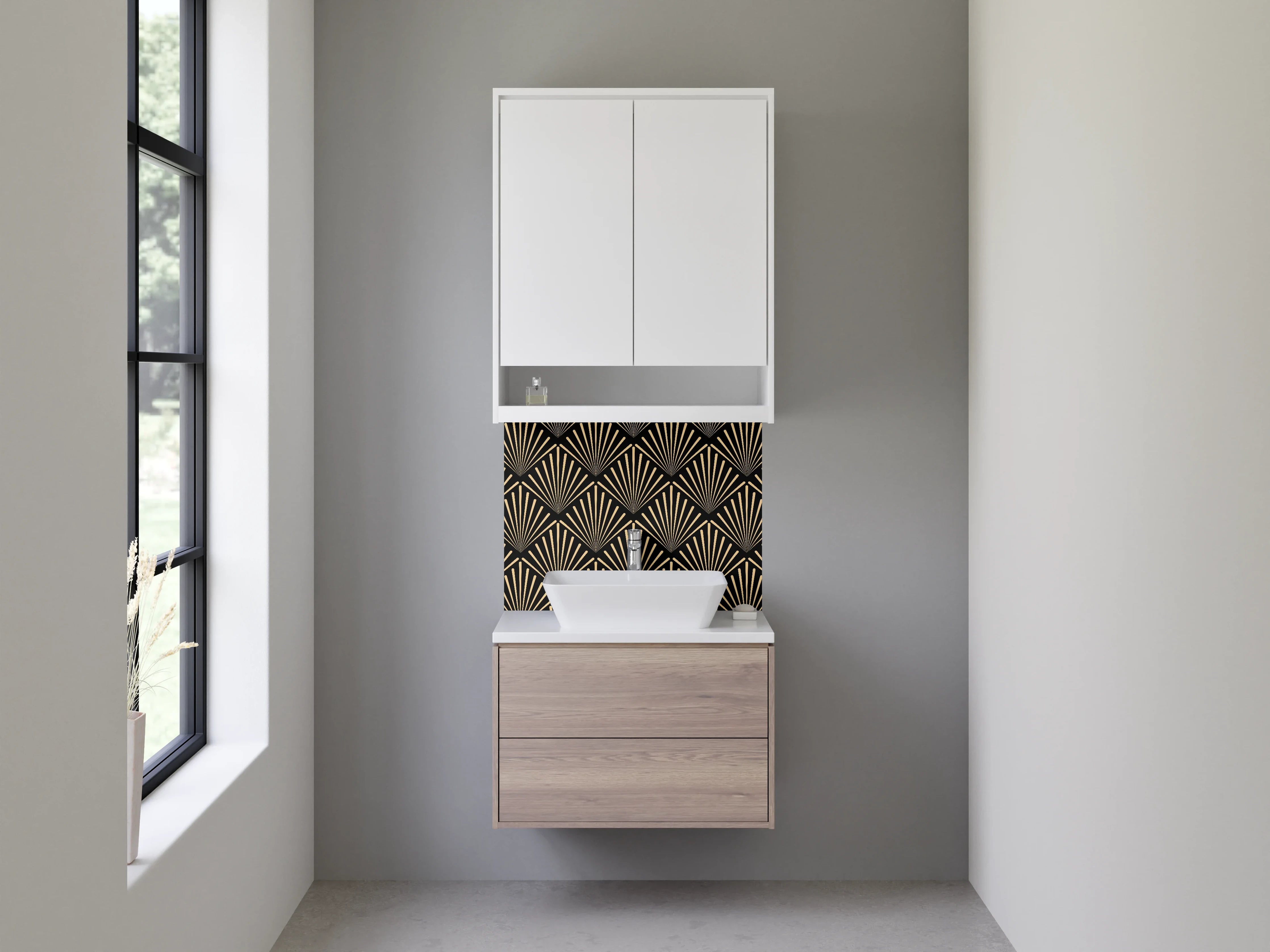 Waschbecken-Rückwand - Elegante Grautöne auf Gold Art Deco