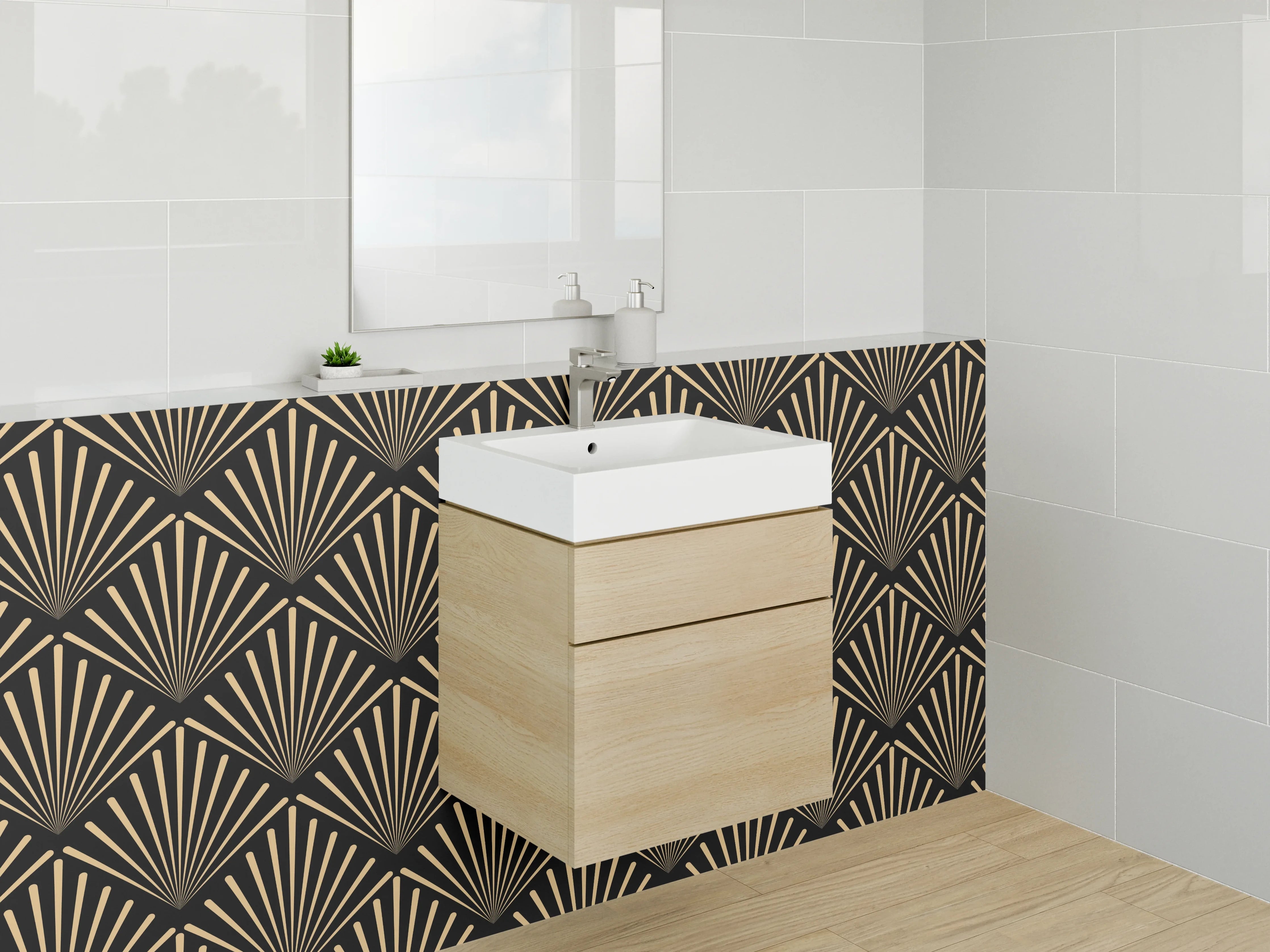 Waschbecken-Rückwand - Elegante Grautöne auf Gold Art Deco